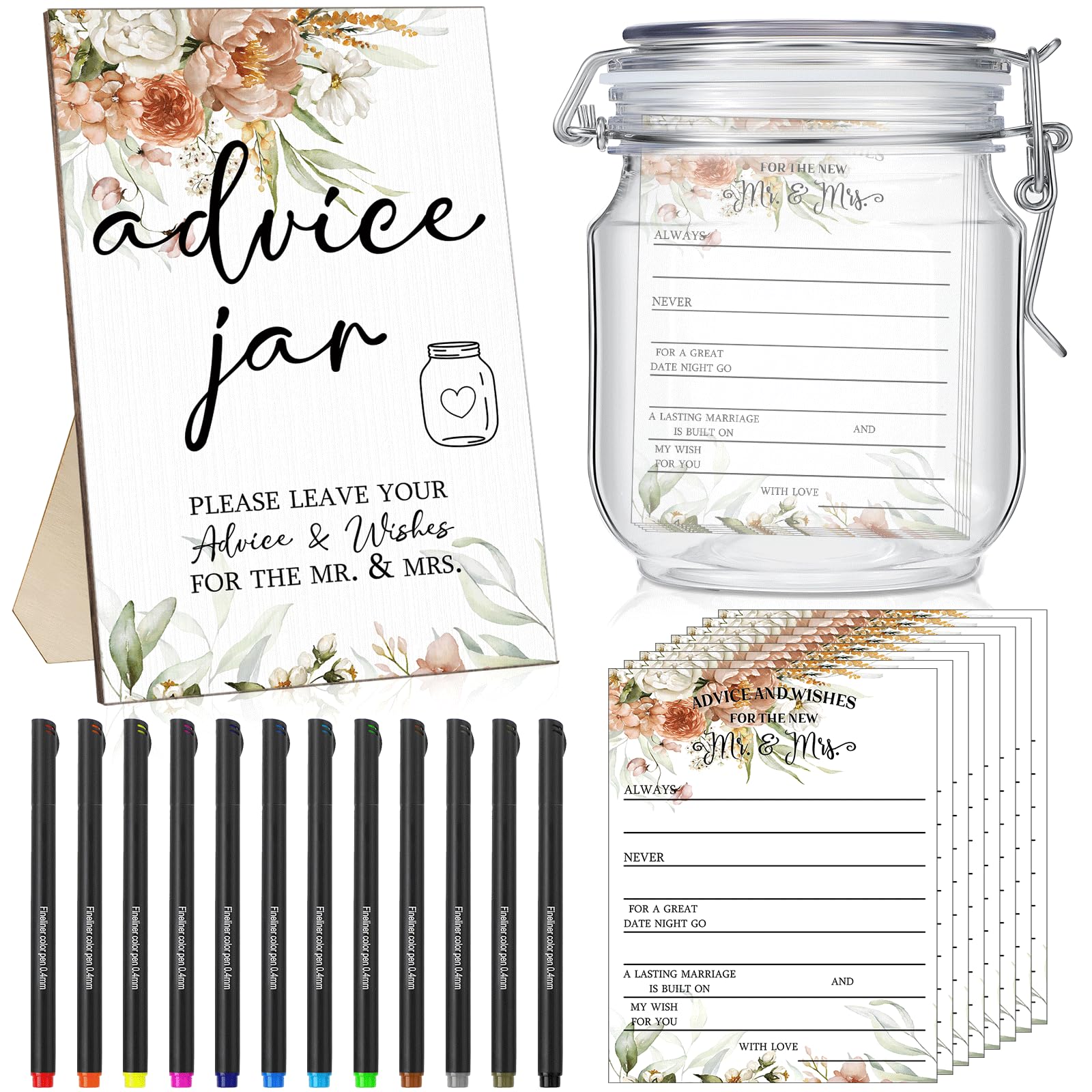 Sintuff 114 Pieces Advice and Wishes Cards Jar - Boho Floral Wedding Decoration, Hilarious Bridal Shower Games, Advice and Wishe