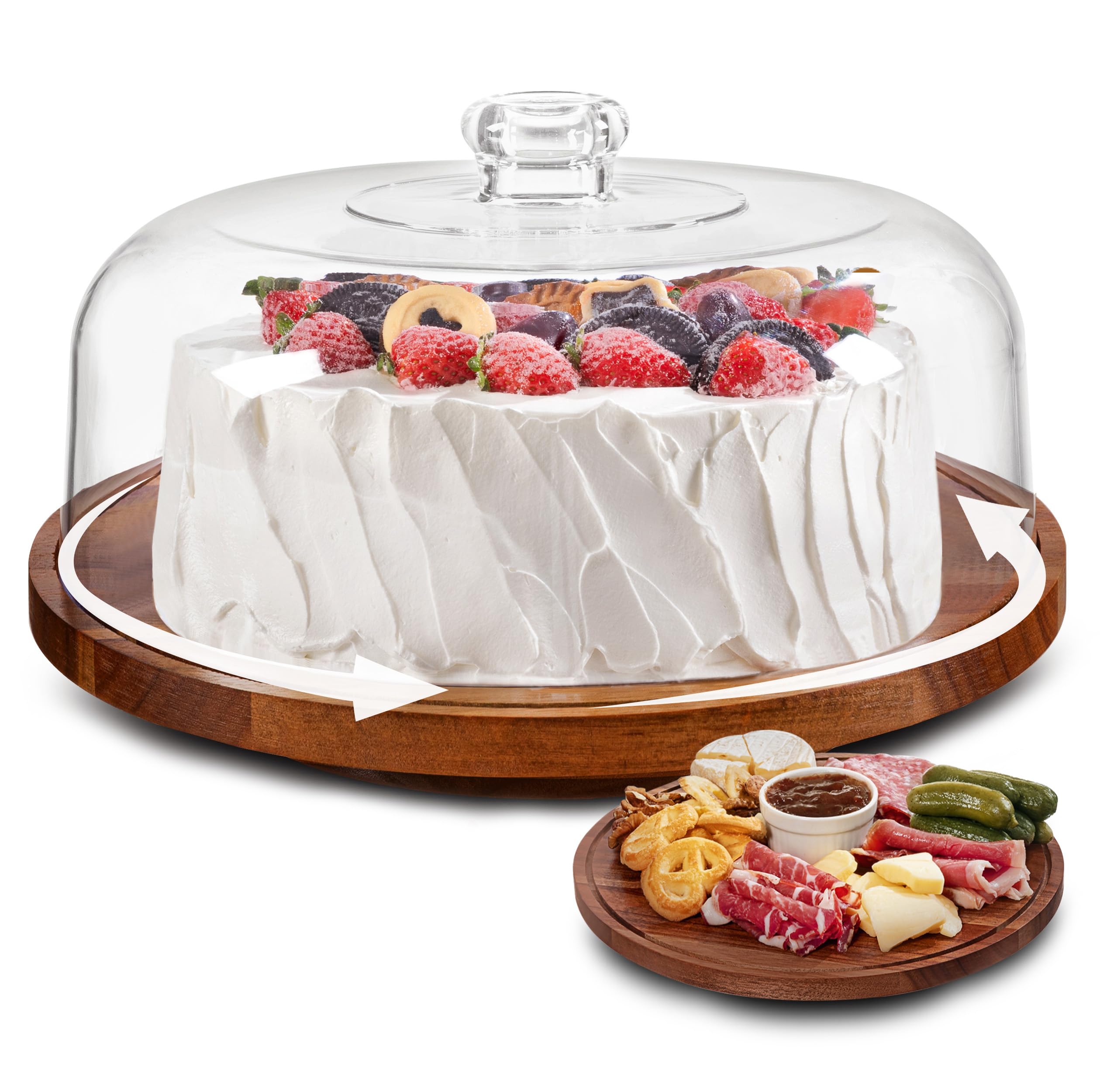 Hblife Cake Stand With Lid Rotating Cake Stand With Acrylic Dome Acacia Wood Cake Plate Display With Cover For Baking Gifts, Bir