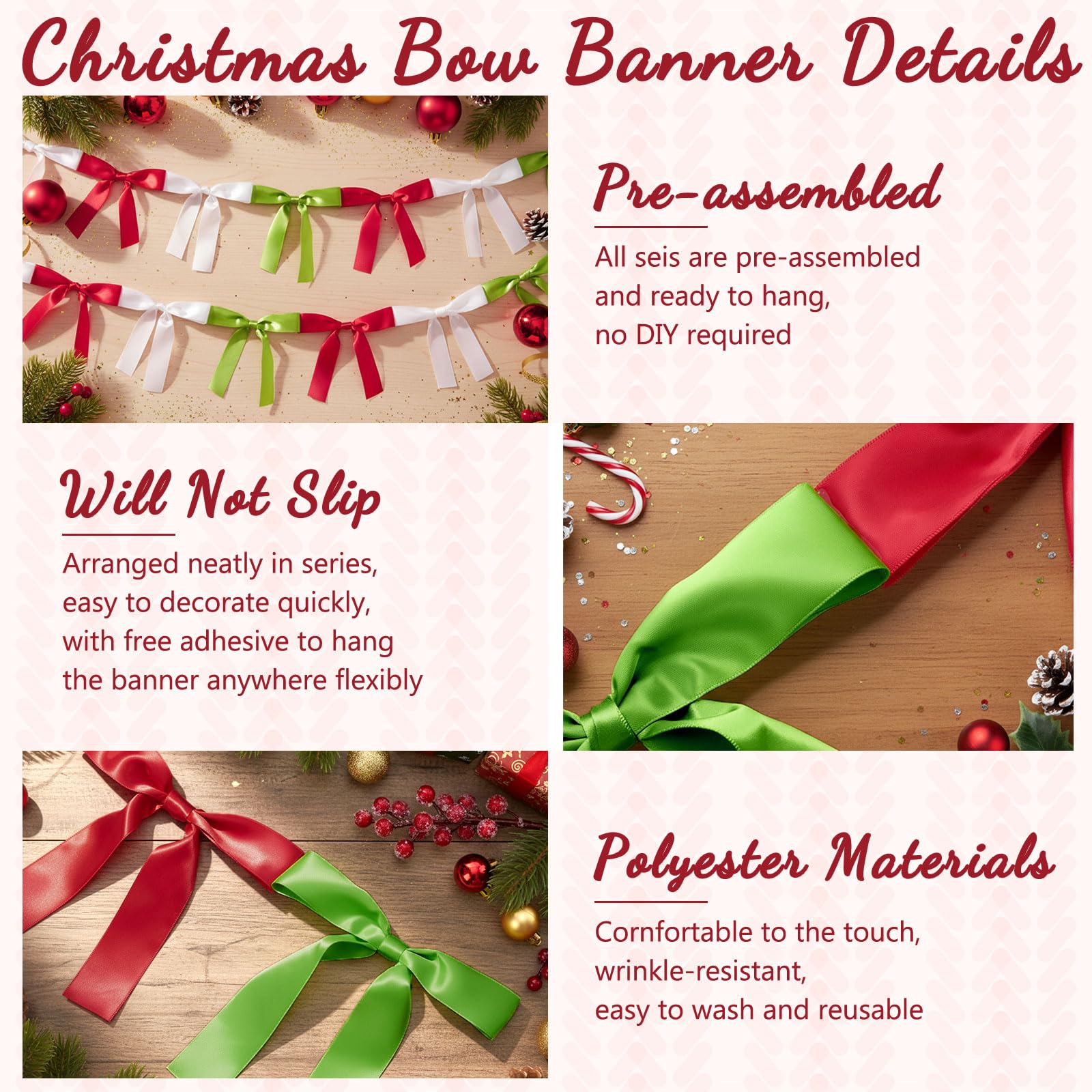 Trandraft 2 Pcs Christmas Bow Garland Banner 16.4 ft Pre-Assembled Red Green White Satin Bows Ornaments Xmas Bows Hanging Decor