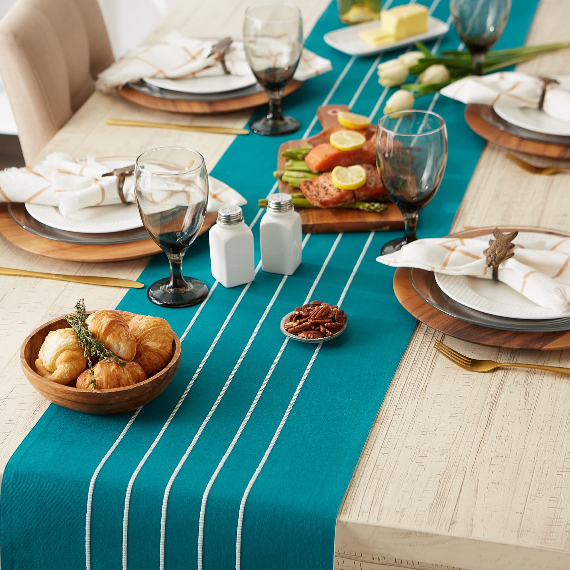 Dii Tassel Stripe Tabletop Collection Decorative, Machine Washable, Table Runner 14X72, Teal & Off-White
