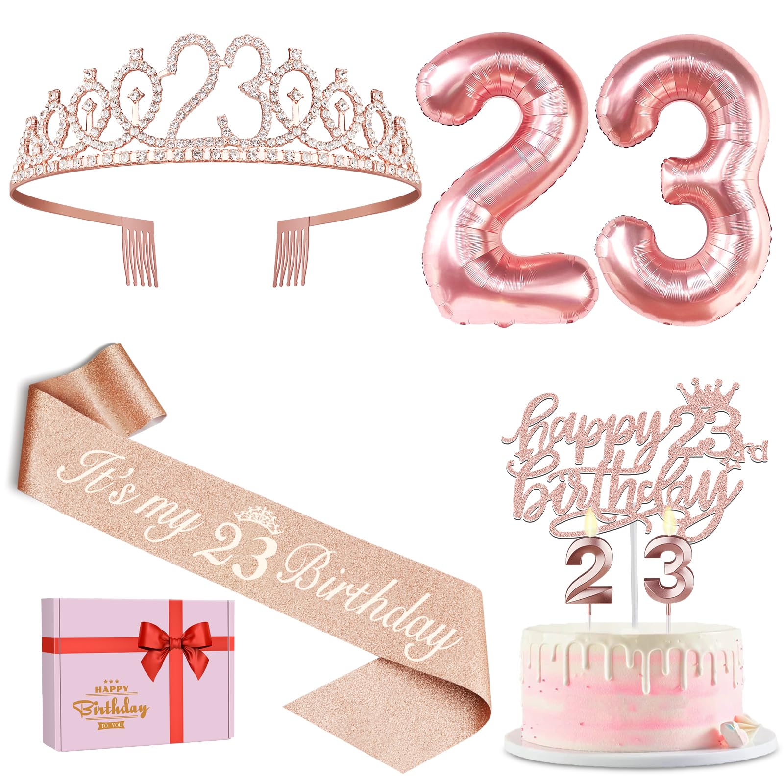 23Rd Birthday Gifts For Women, Include 23Rd Birthday Sash And Tiara, Birthday Cake Topper And Number 23 Candles, Big 23 Balloons