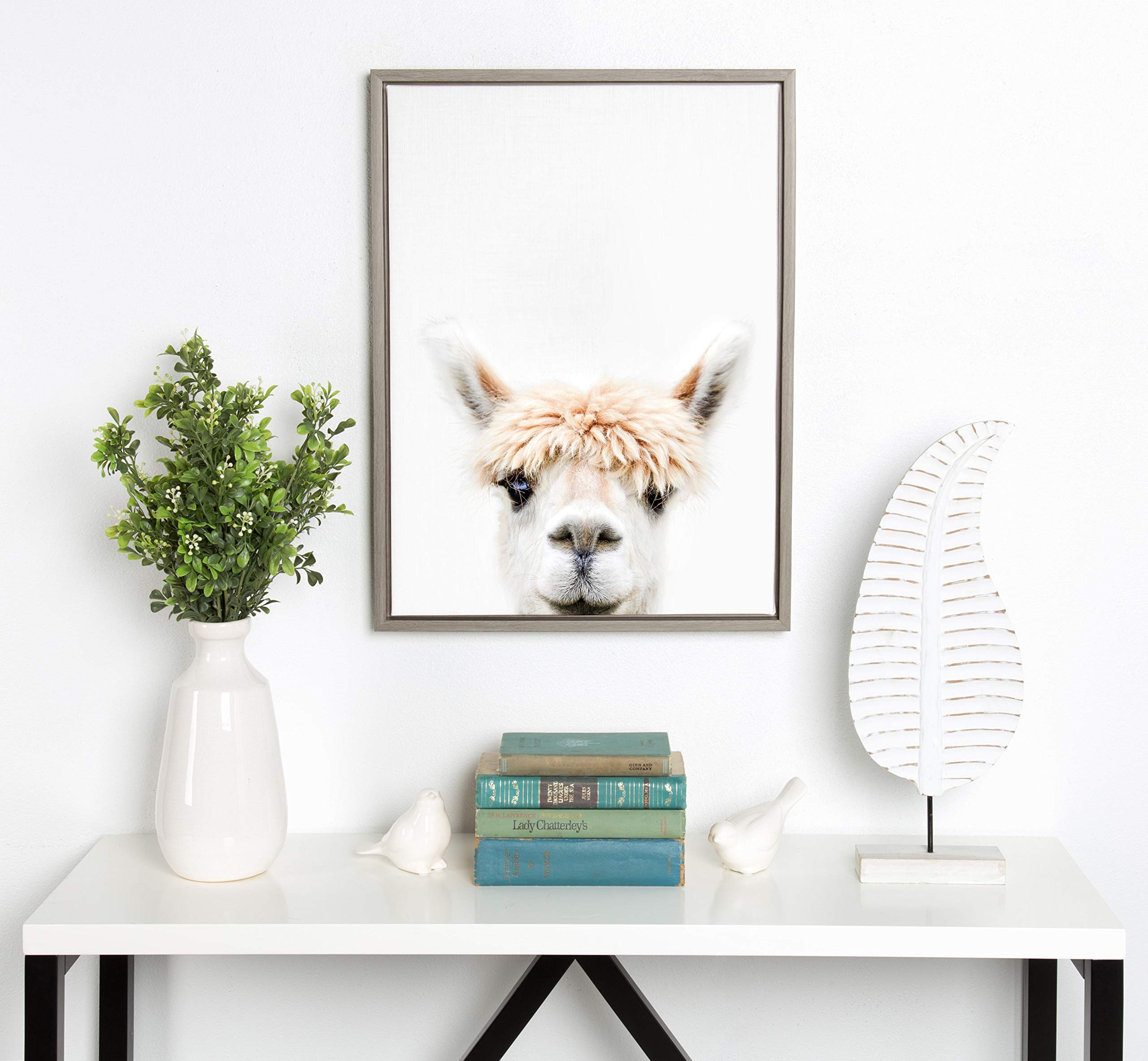 Kate and Laurel Sylvie Alpaca Bangs Animal Print Portrait Framed Canvas Wall Art by Amy Peterson  18x24 Gray