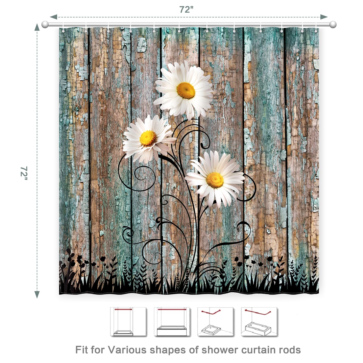Shower Curtain Set, Rustic Farmhouse Shower Curtain For Bathroom, Fabric Bath Curtain 12 Hooks, Daisy American Country Farm Styl
