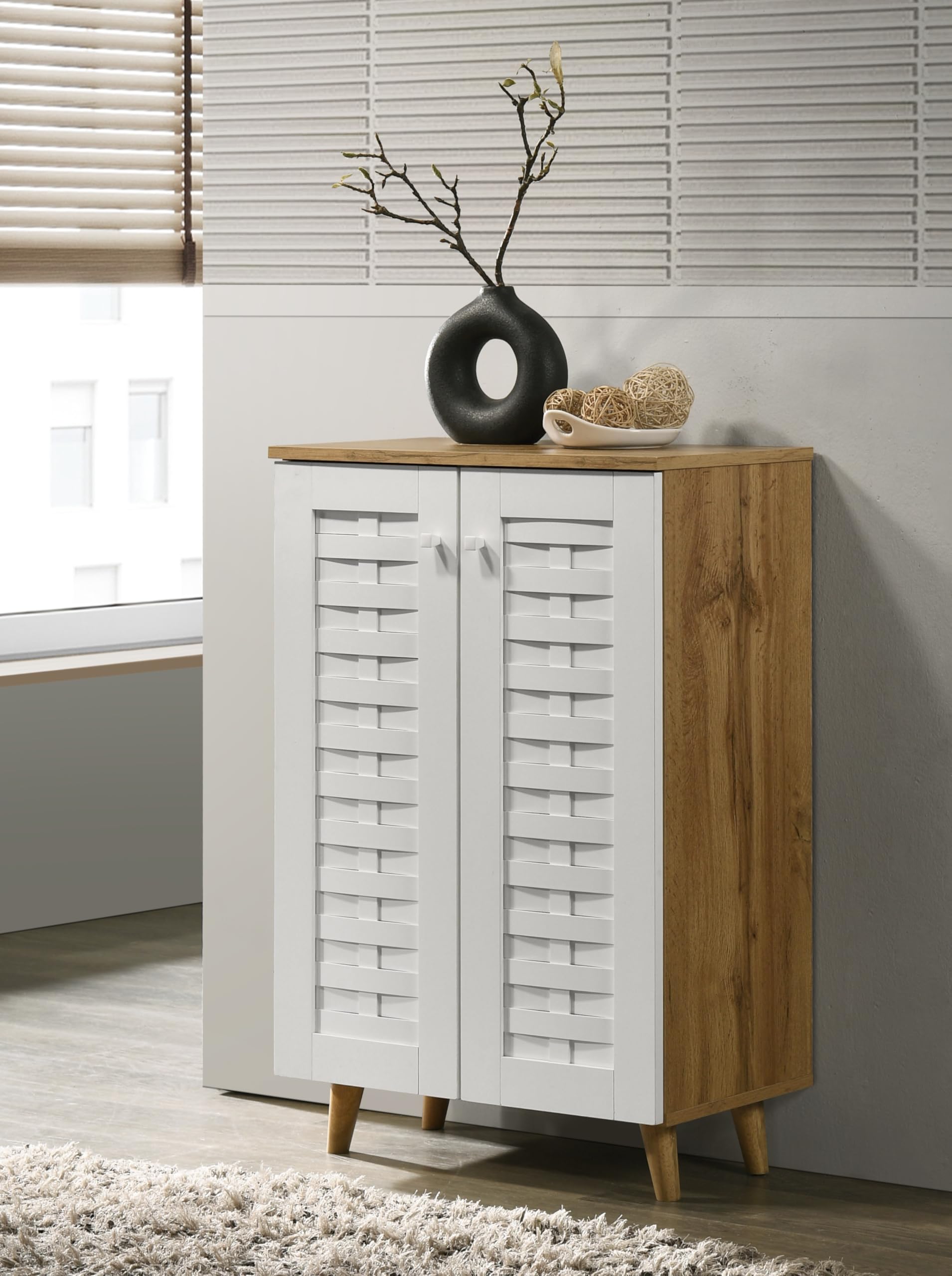 Deckup Amari 2Door Engineered Wood Shoe Rack (Wotan Oak & White, Matte Finish)