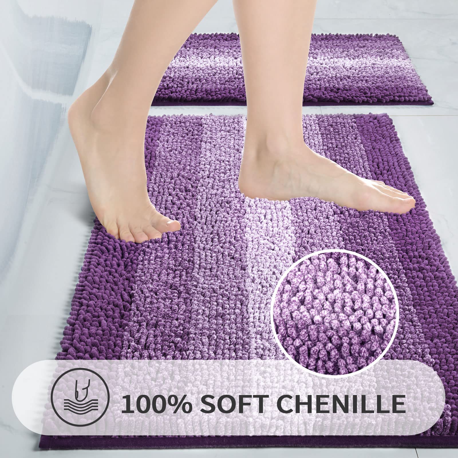 Gibelle Purple Bathroom Rugs, Luxury Chenille Bath Mat, Small Non Slip Shower Rug And Bath Room Floor Mats, Machine Washable, Qu