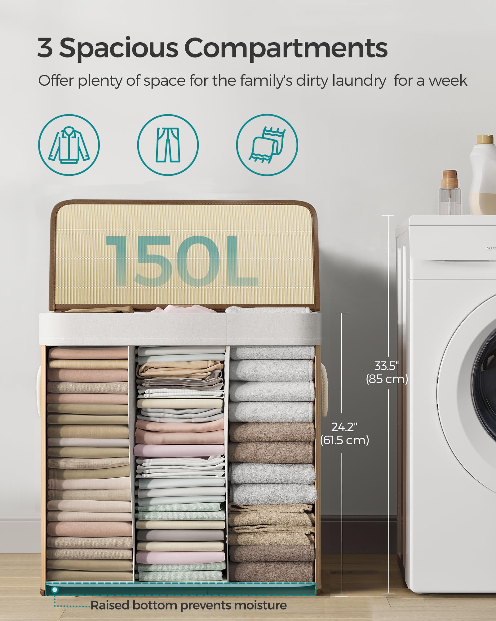 Songmics Laundry Hamper, 39.6 Gallons (150L), 3-Section Laundry Basket, Laundry Hamper With Lid, Bamboo, Foldable, Removable And