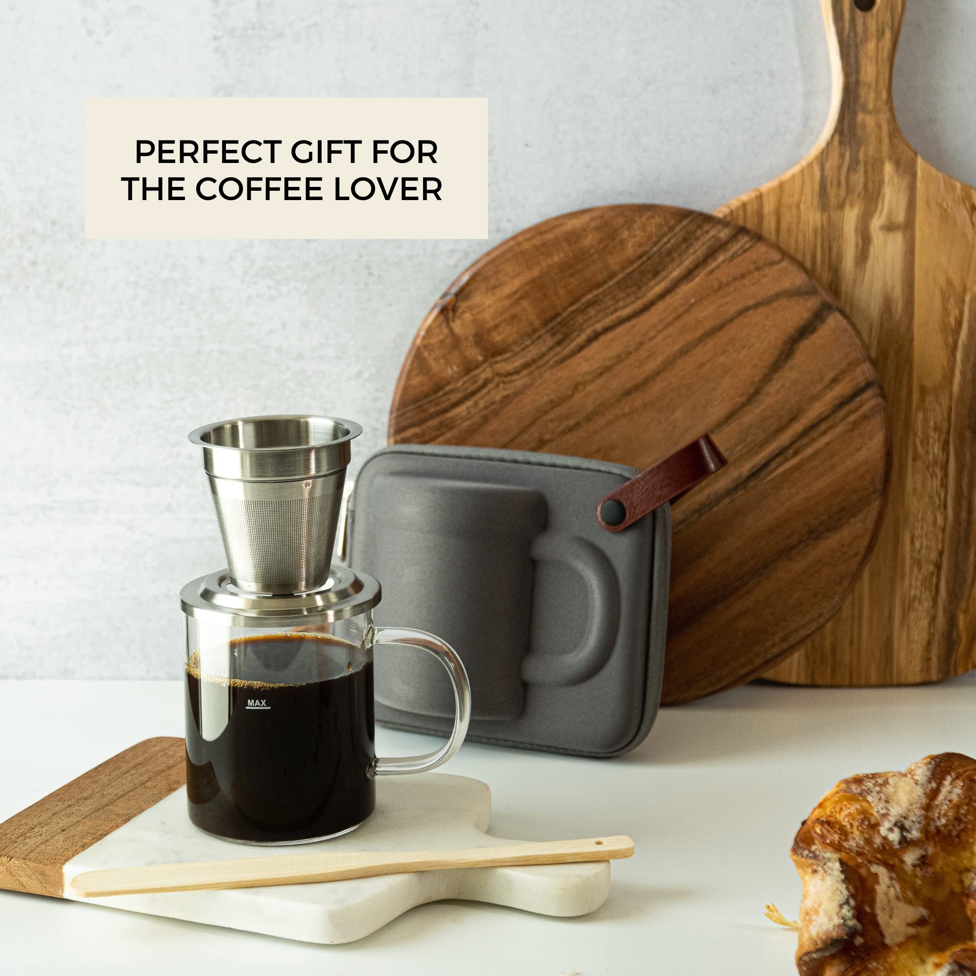 Travel Glass Pour Over Coffee Maker Set 4Pcs (Gray) | 18/2 Stainless Steel Filter Dripper And Lid | Bpa Free Borosilicate Glass