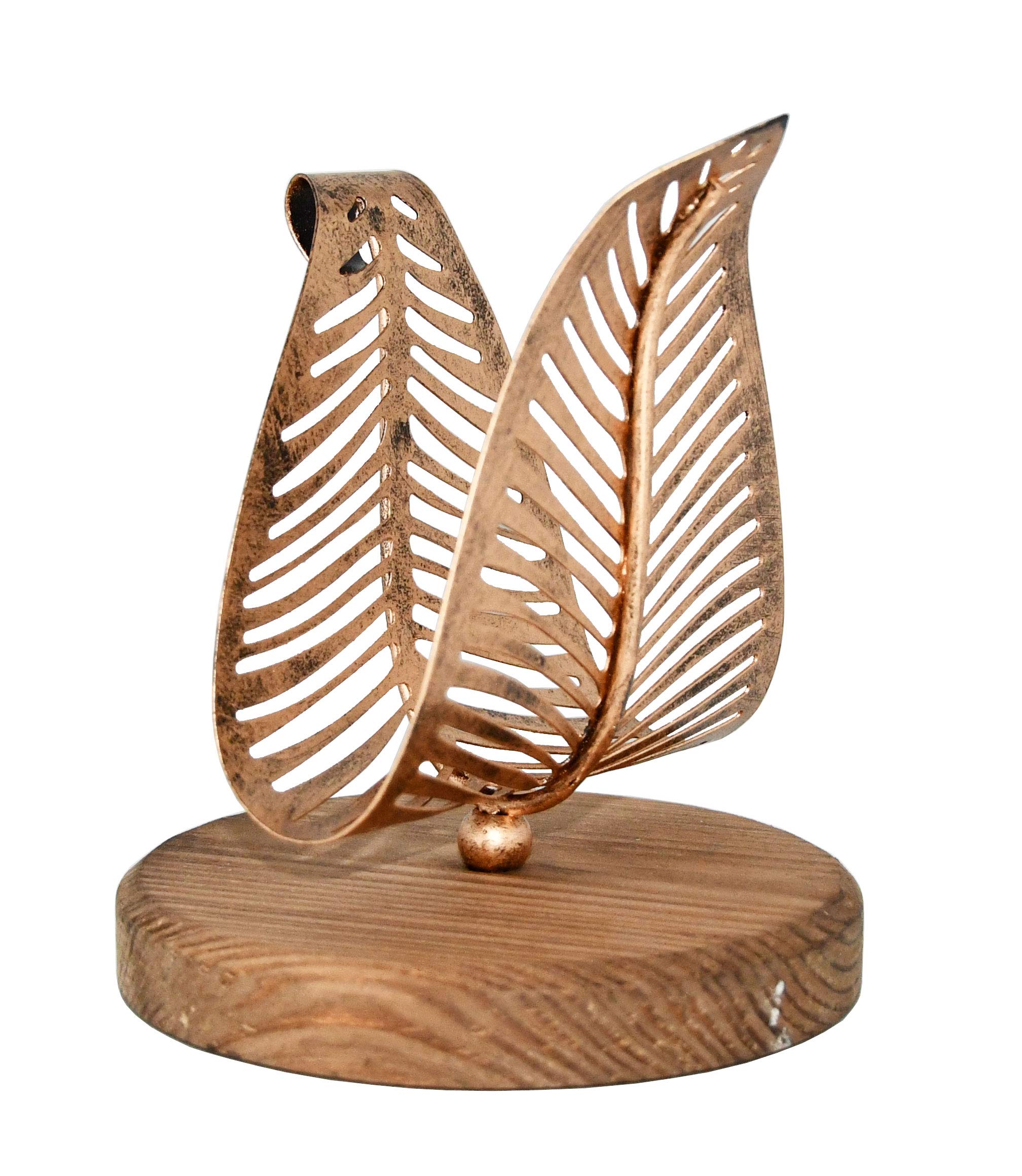 Owlgift Freestanding Modern Napkin Holder W/Bronze Metal Leaf & Brown Wooden Base Design, Tabletop Tissue Dispenser, Napkin Stor