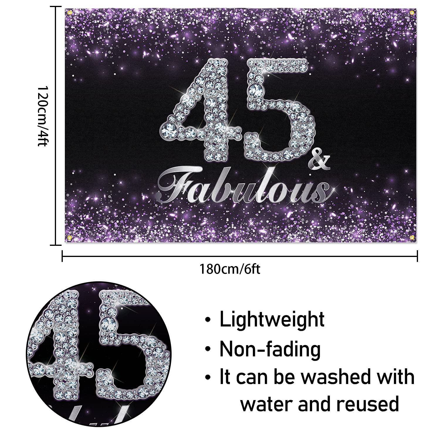 Hamigar 6X4Ft Happy 45Th Birthday Banner Backdrop - 45 & Fabulous Birthday Decorations Party Supplies For Women - Purple