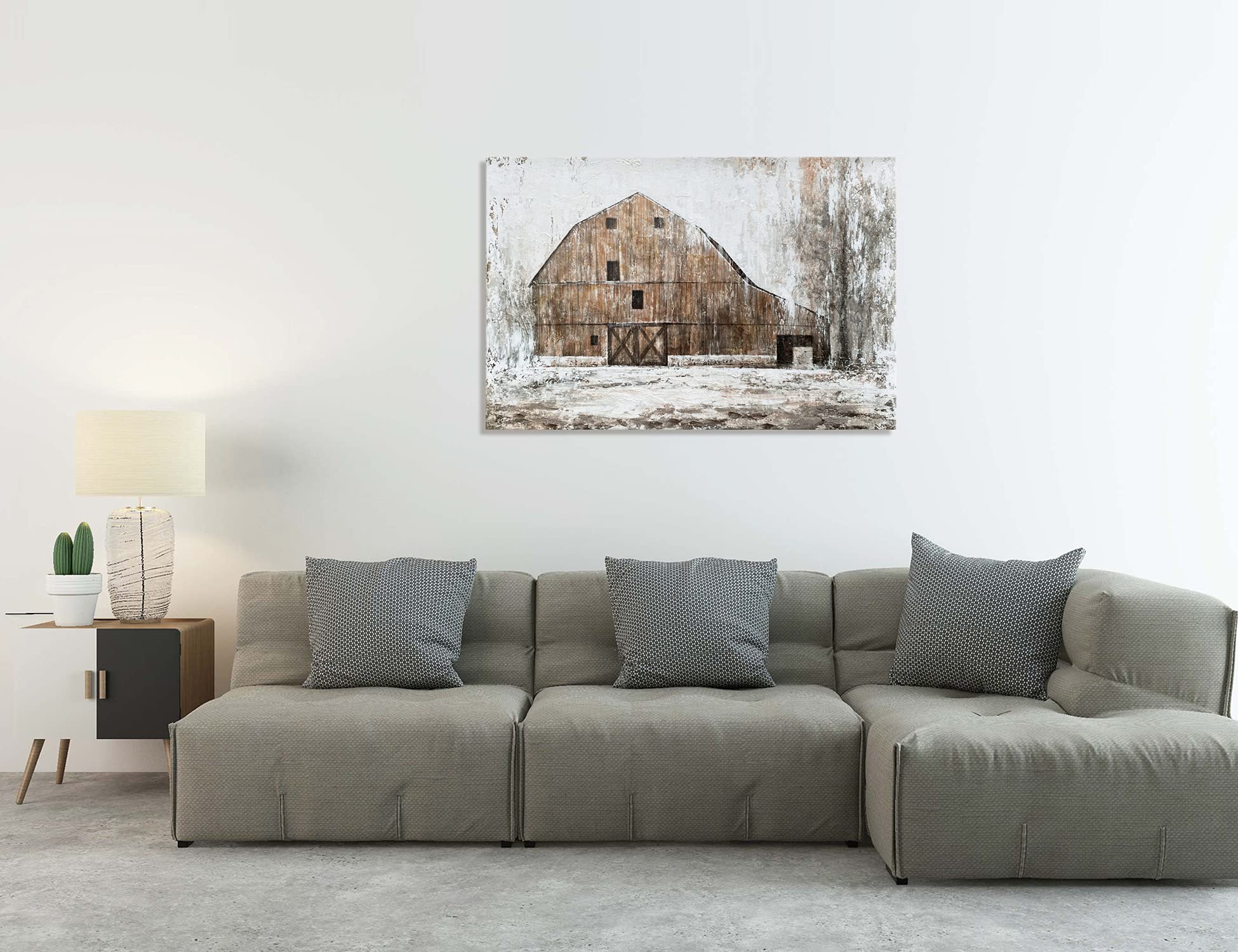 Batrendy Arts Rustic Farmhouse Wall Art Modern Brown Barn With White Texture 3D Country Themed Picture Artwork For Livingroom Re