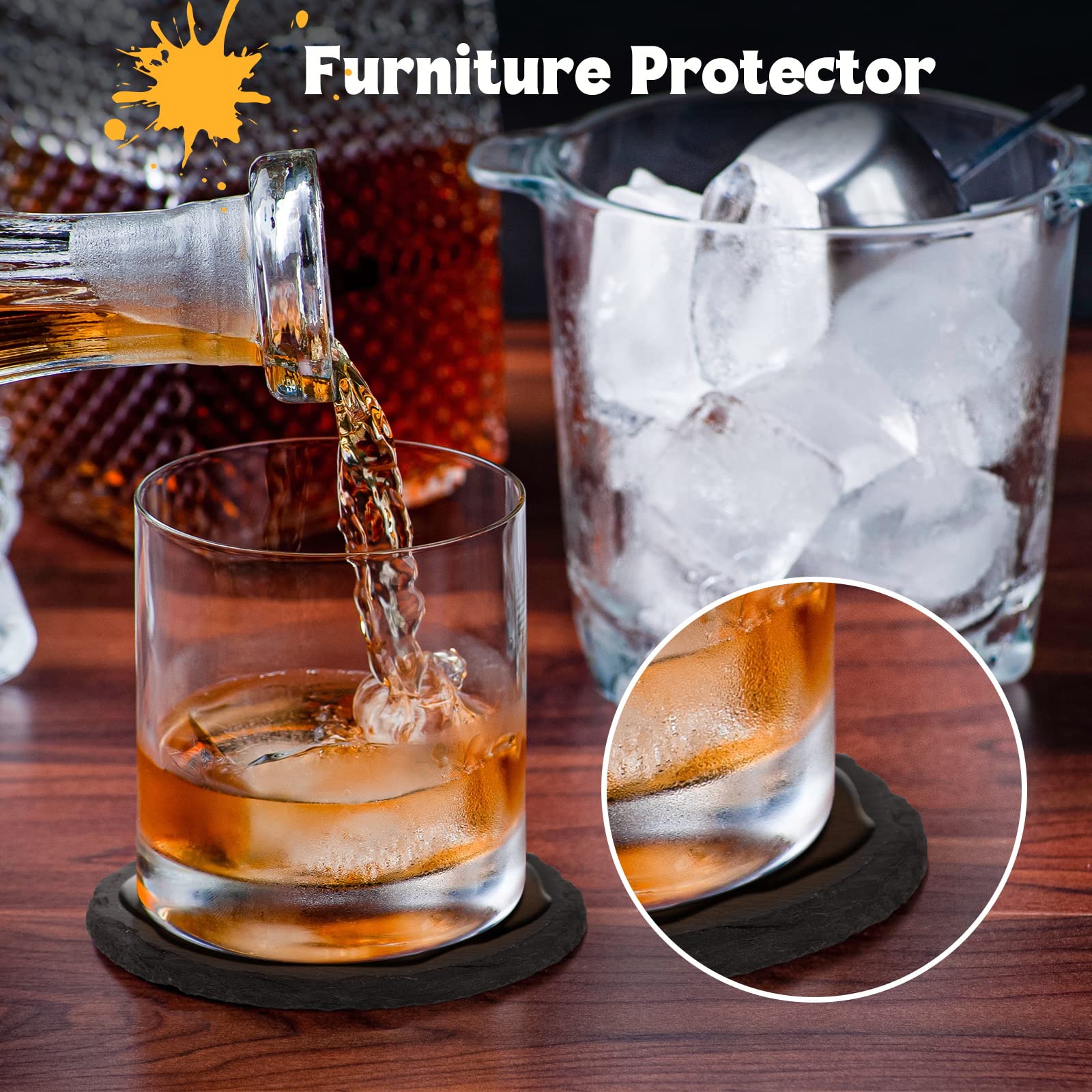 Handmade Slate Stone Coasters For Drinks - Set Of 8 - Black Drink Coasters With Holder - Non-Slip Cup Mat Anti-Scratch Table Coa