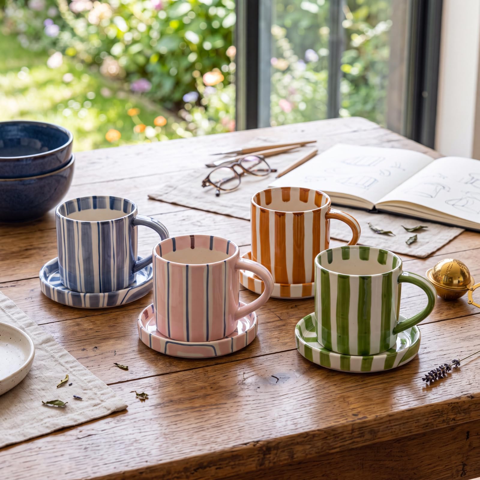 Willinglong 4 Pcs 8 Oz Hand Painted Striped Ceramic Coffee Mug Saucer Set, Retro Cappuccino Cup, Underglaze Safe, Microwave Dish