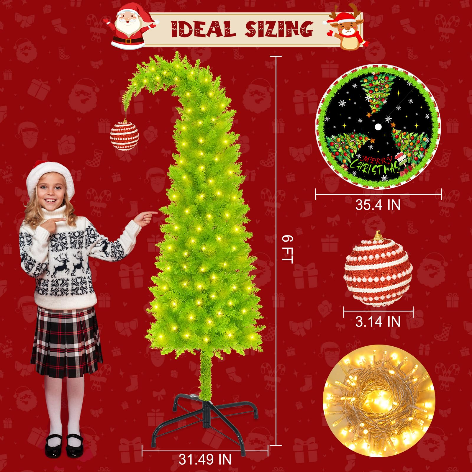 Grinchs Christmas Tree 6FT, Whimsical Bendable Artificial Tree, Lime Green Design with Tree Skirt & Red Ball Ornament, Christmas