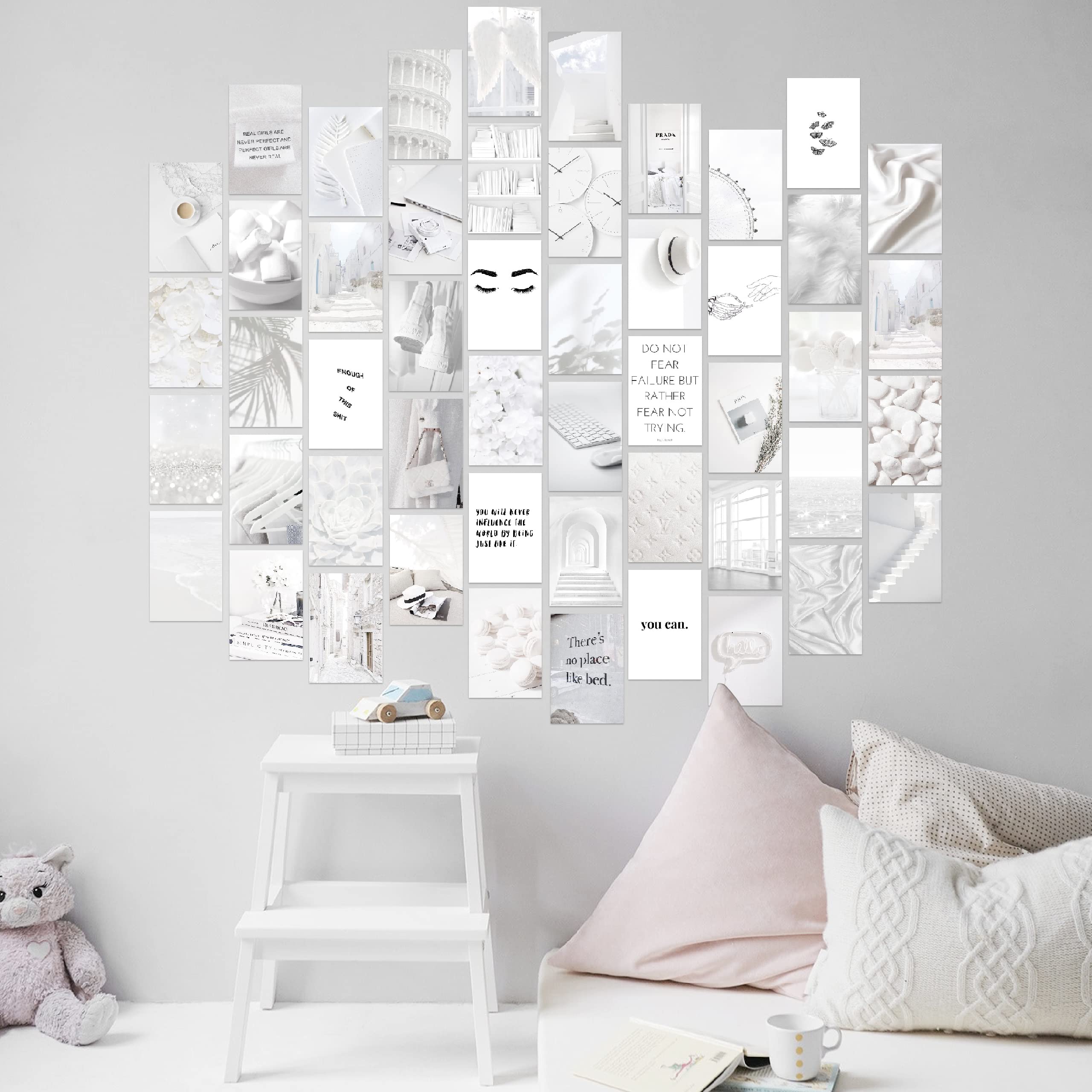 White Photo Collage Kit For Wall Aesthetic | Minimalist White And Grey Wall Posters For Teen Girl Dorm Room Decor | 50 Set 4X6 I