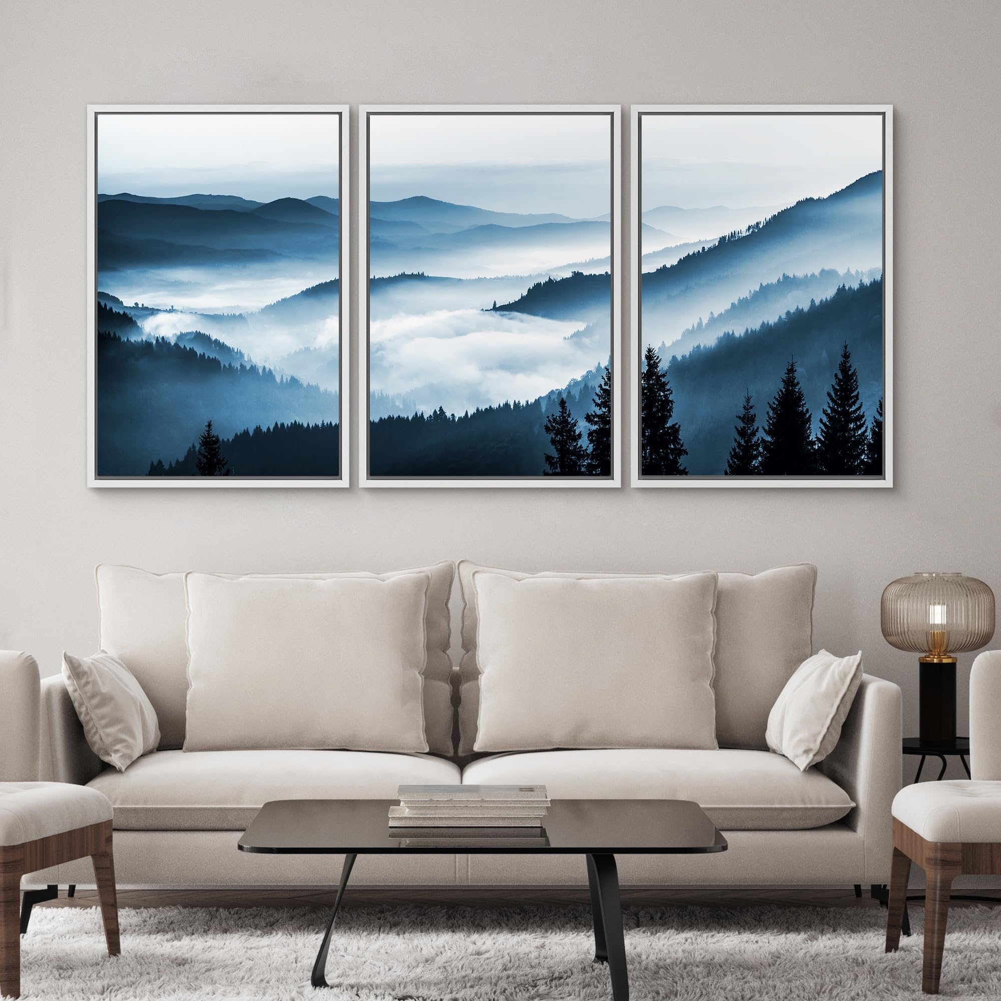 Signwin Framed Canvas Print Wall Art Set Misty Blue Duotone Mountain Range Forest Nature Wilderness Photography Modern Decorativ