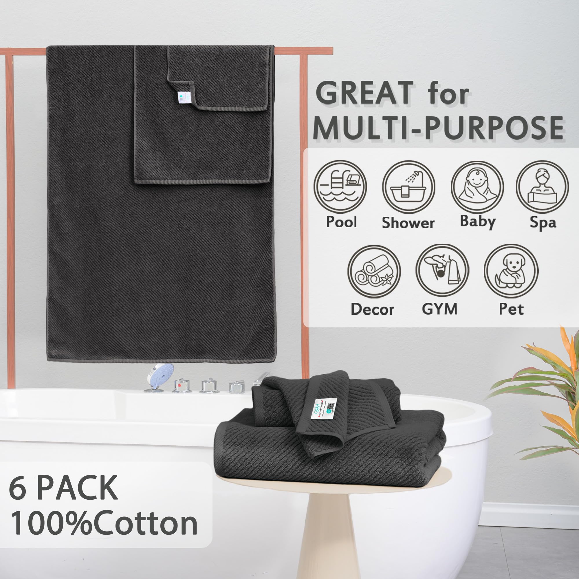 Brown Towels Bathroom Set  Luxury 6PCS Gift Set  2 Large Bath Towels 30''?6''  2 Hand Towels 18''?8''  2 Washcloths 13''?3''  100% Cotton  Large  Soft  Quick Dry  Christmas Bathroom Decor