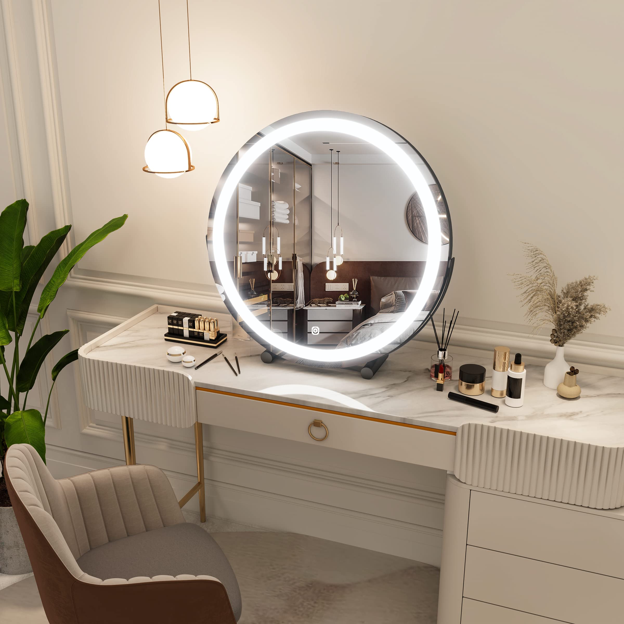 FENNIO 18 inch Large Vanity Mirror with Lights, Round LED Lighted Up Makeup Mirror, Large Makeup Mirror with Lights, Touch Scree