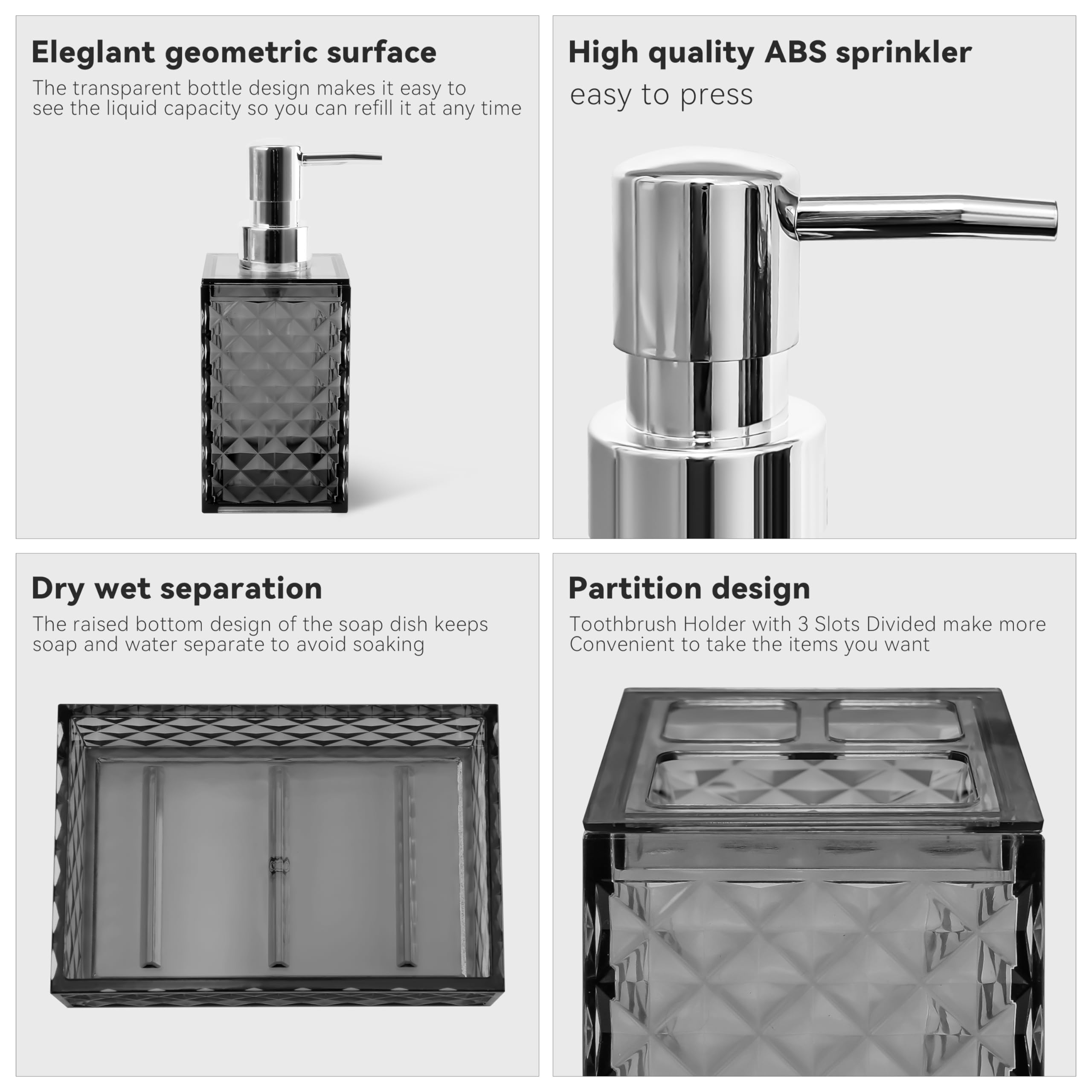 Seeatoo Bathroom Accessory Set, 4 Pcs Grey Bathroom Accessories Set, Soap Dispenser And Toothbrush Holder Set, Soap Dish And Mou