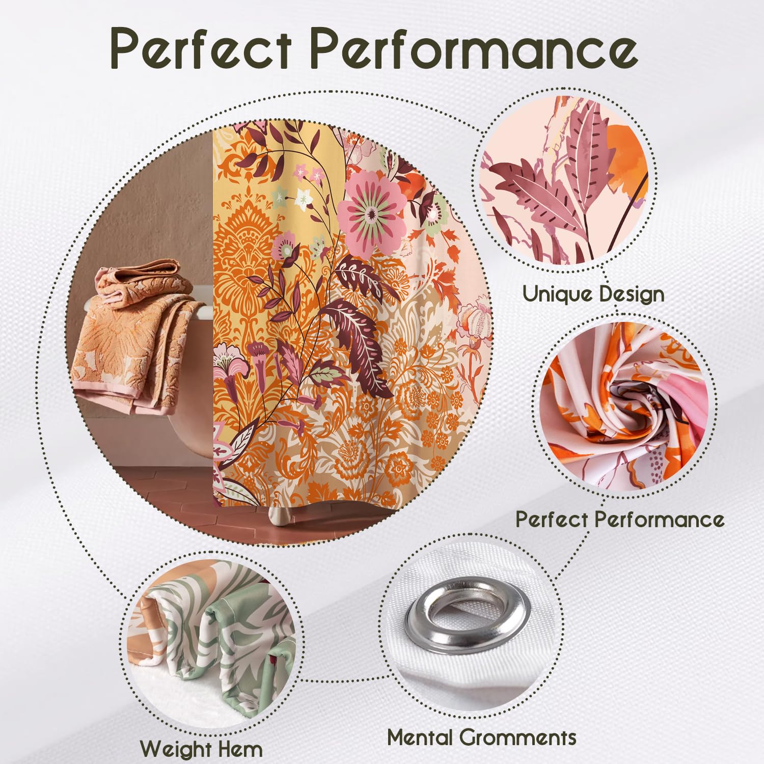 Bsheuancek Woodiggie Boho Floral Shower Curtain For Bathroom,Bohemian Flowers Colorful Shower Curtain With Hooks,Polyester Fabri