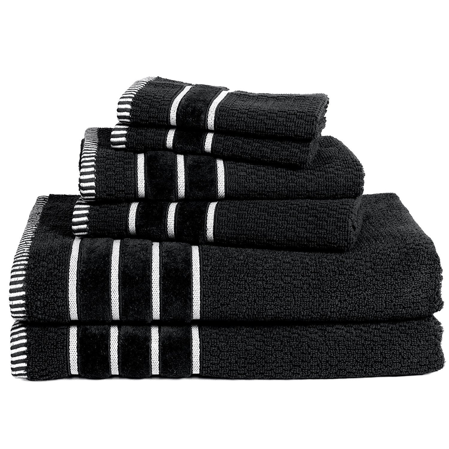 6-Piece Towel Set - Combed Cotton Rice Weave Bathroom Accessories with 2 Bath Towels  2 Hand Towels  and 2 Washcloths by Bedford Home (Black)