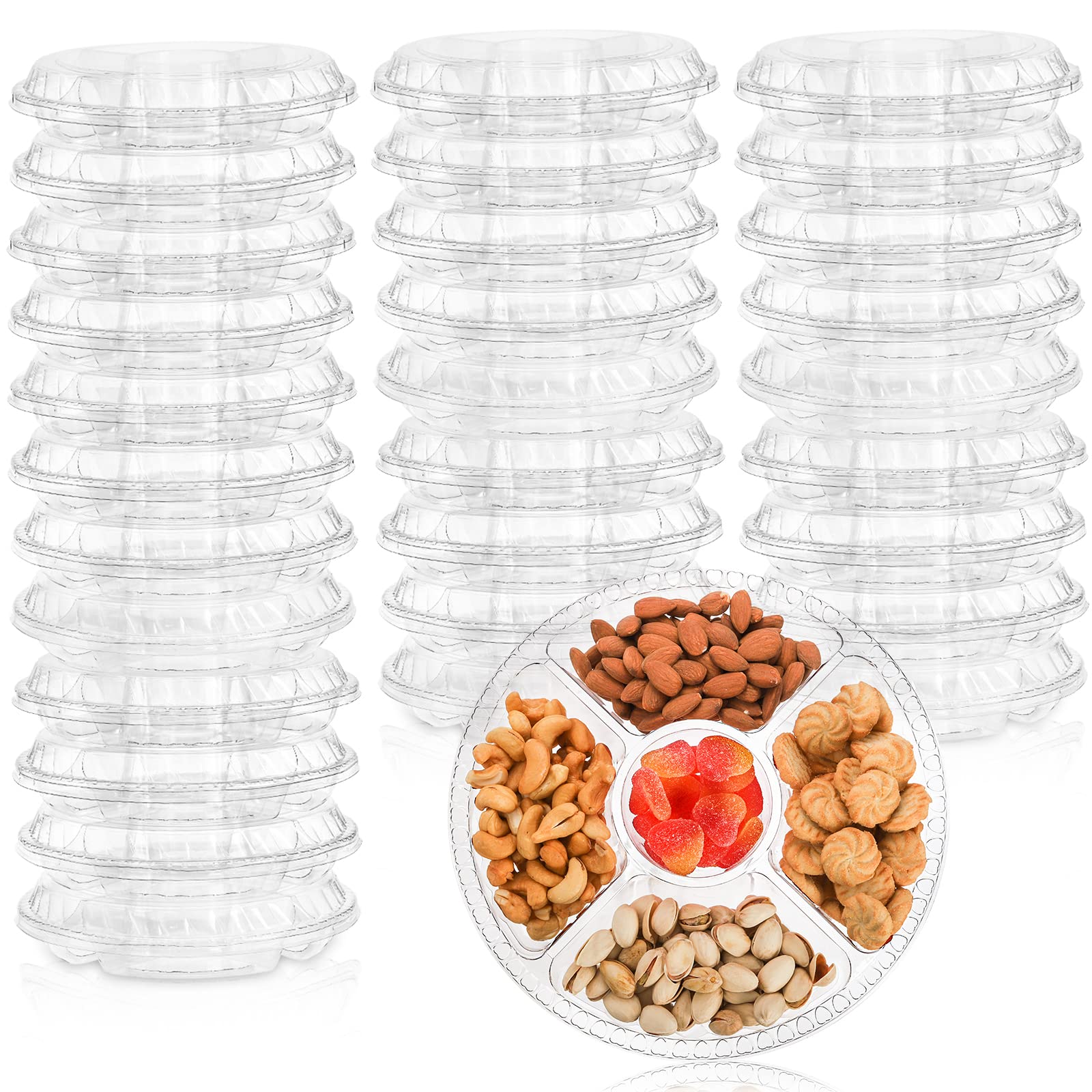 Lyellfe 30 Pack Plastic Appetizer Tray With Lid, Disposable Veggie Fruit Snack Tray With 5 Compartment, 9.5 Inch Heavy Duty Clea