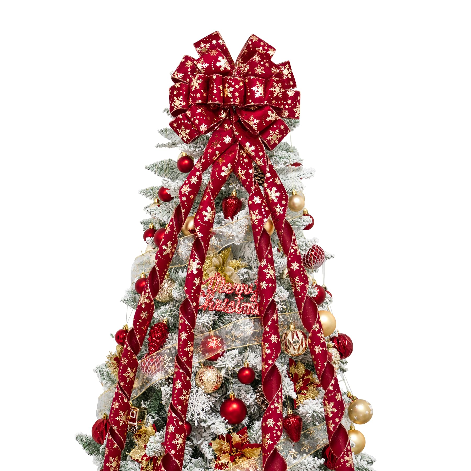 Hismir Christmas Tree Topper Bow, 53x13 Inches Large Christmas Velvet Topper Bow with Gold Snowflakes, Decorative Ribbon Bows fo