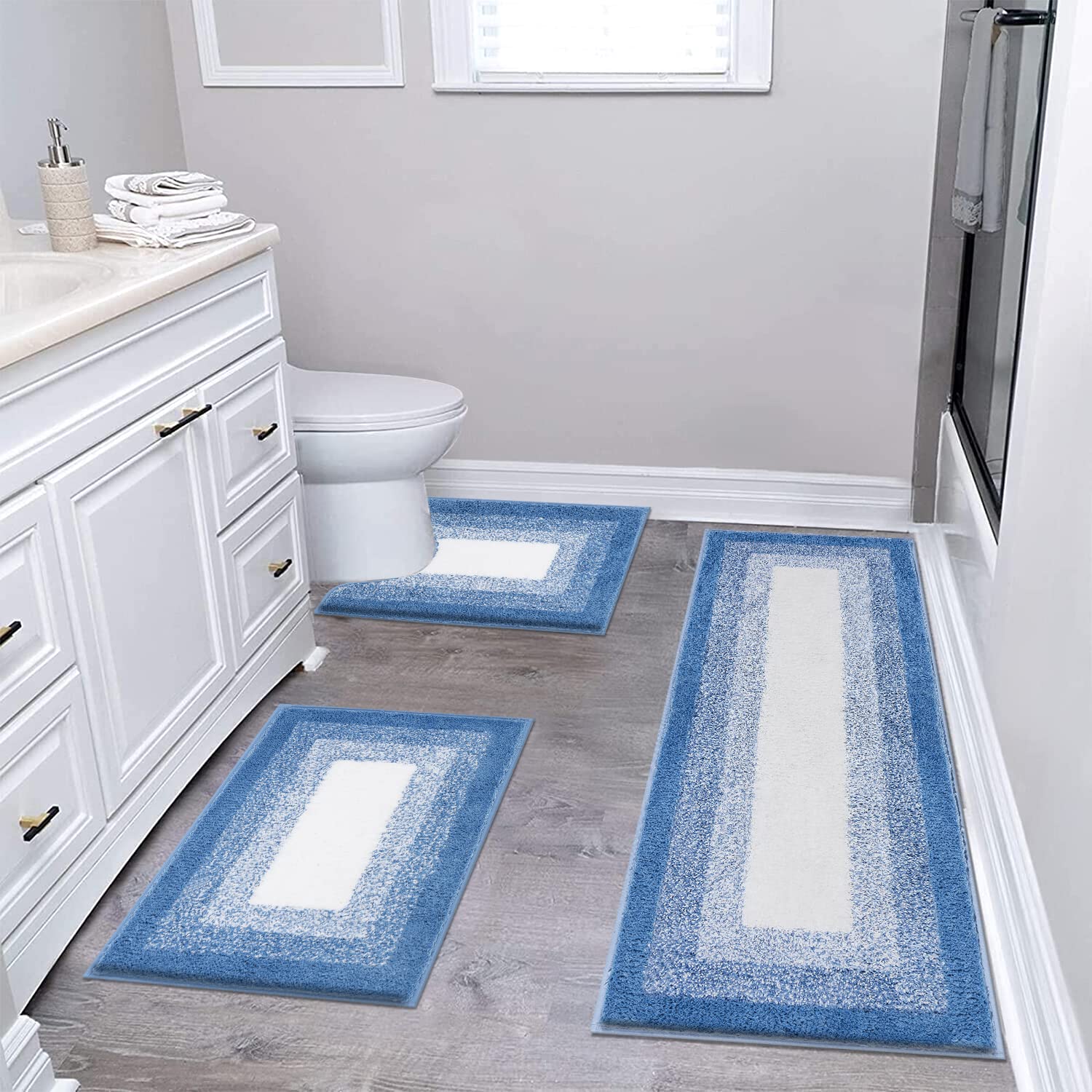 Bsmathom Bathroom Rug Set 3 Piece  Non-Slip Plush Shaggy Bath Mat  Soft and Absorbent Microfiber Bath Rugs for Bathroom  Tub and Shower Machine Washable Blue