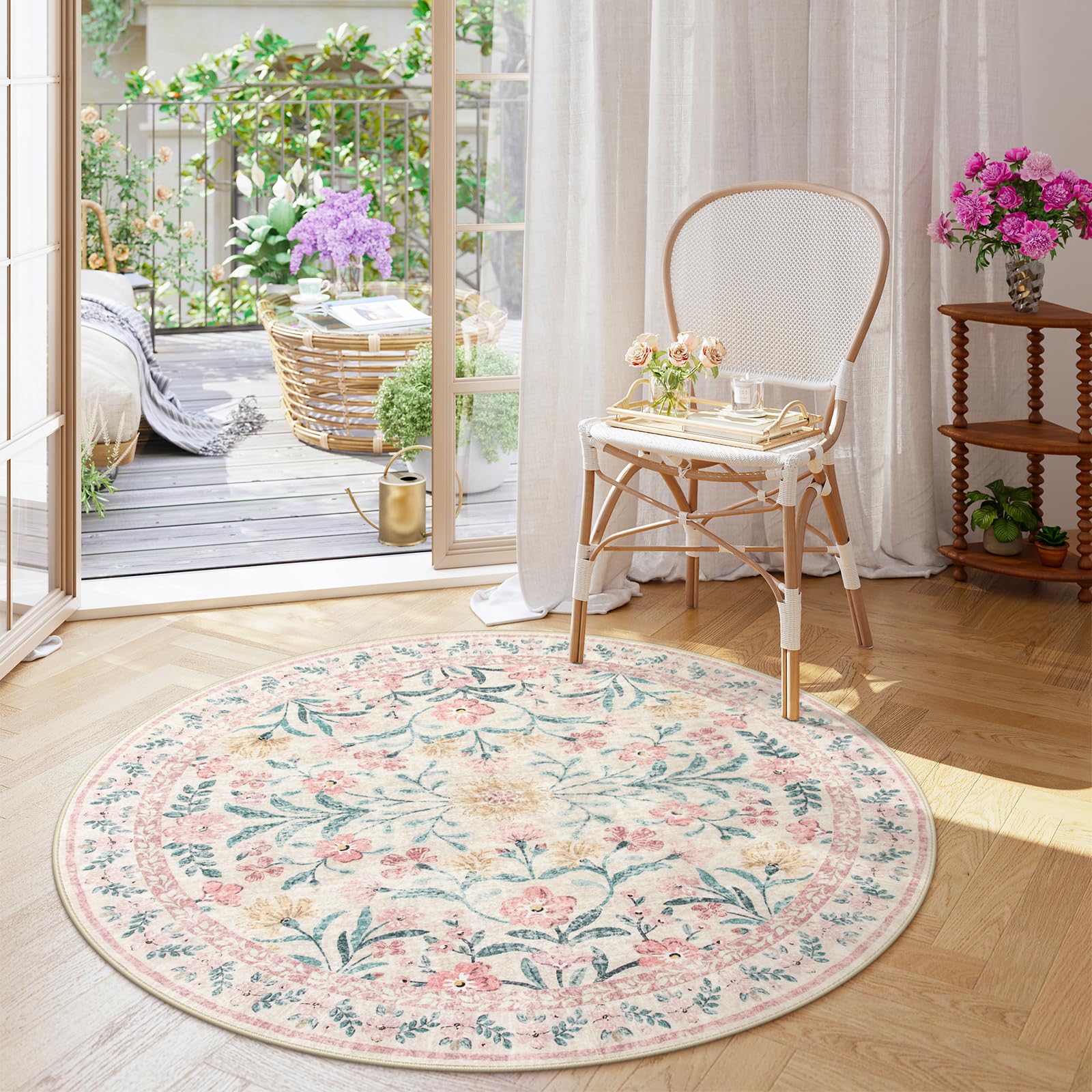 Wonnitar Washable Round Rugs 6ft, Pink Floral Circle Rug Large Round Carpet for Bedroom, Boho Soft Ultra-Thin Circular Carpets f