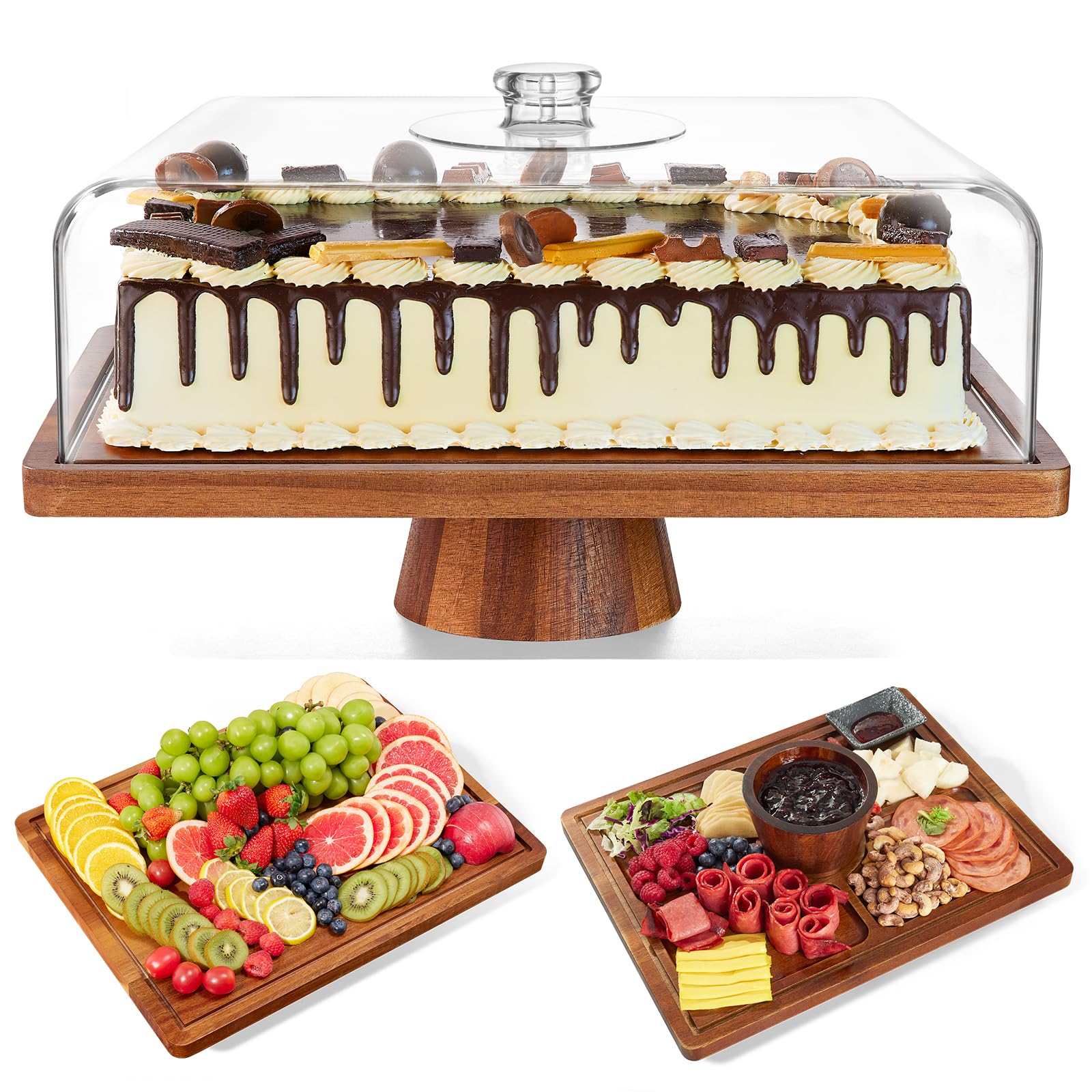 HouseJoy Acacia Wood Cake Stand with Lid-Extra Large 17 Rectangular Cake Holder,2-in-1 Dessert Table Display Set & Charcuterie B