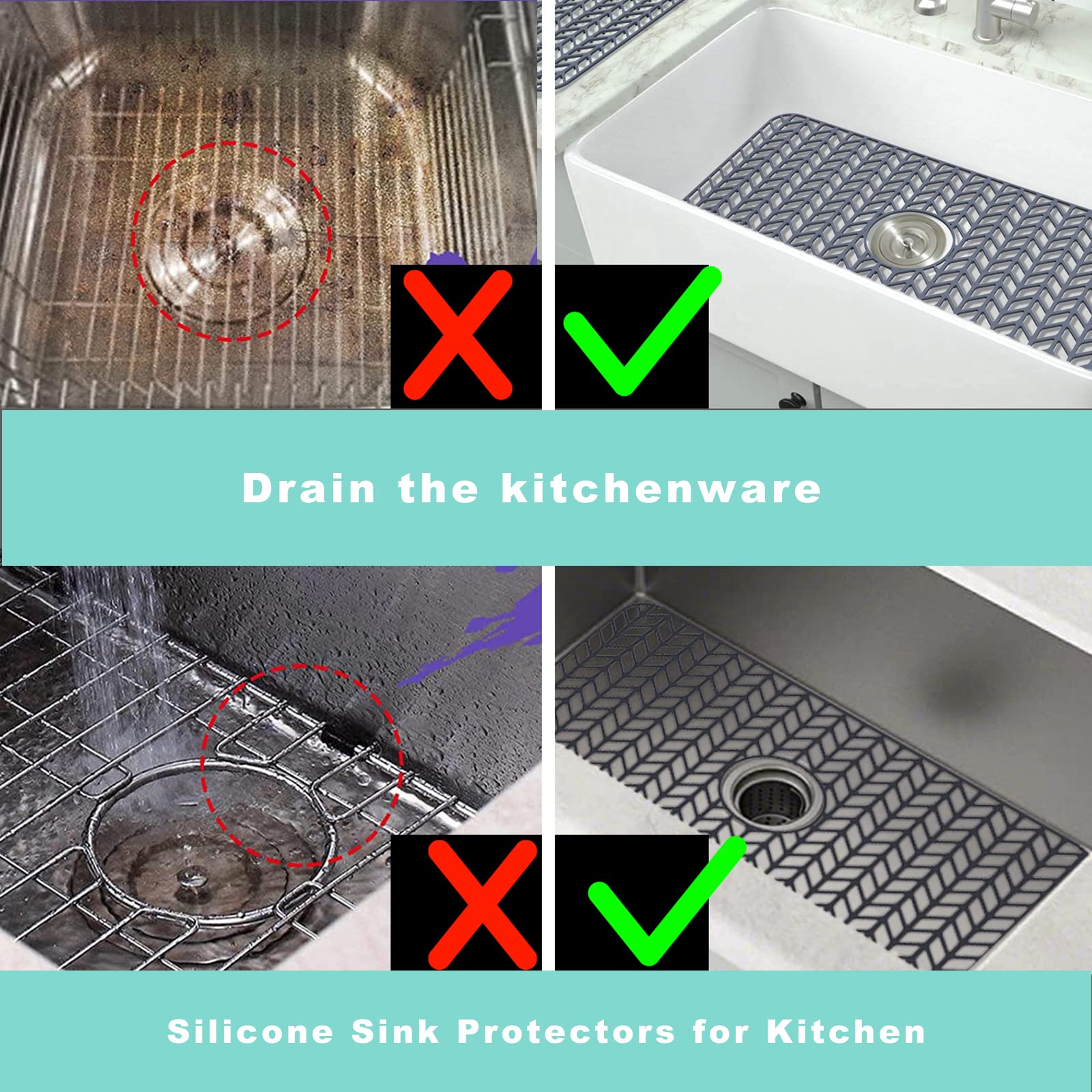 AWOKE Sink Protectors for Kitchen Sink - 26''x 14'' Sink Mat - Heat-resistant Easy-clean Silicone Sink Mat - for Protection of Stainless Steel Sink - with Center Drain (Grey)