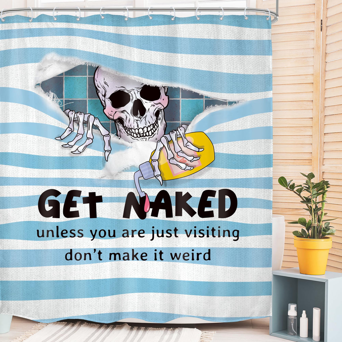Mitpok Funny Skull Skeleton Shower Curtain Gothic Cool Get Naked Spooky Fun Bone Unique Hilarious Blue Scary Horror Men Kids 60W