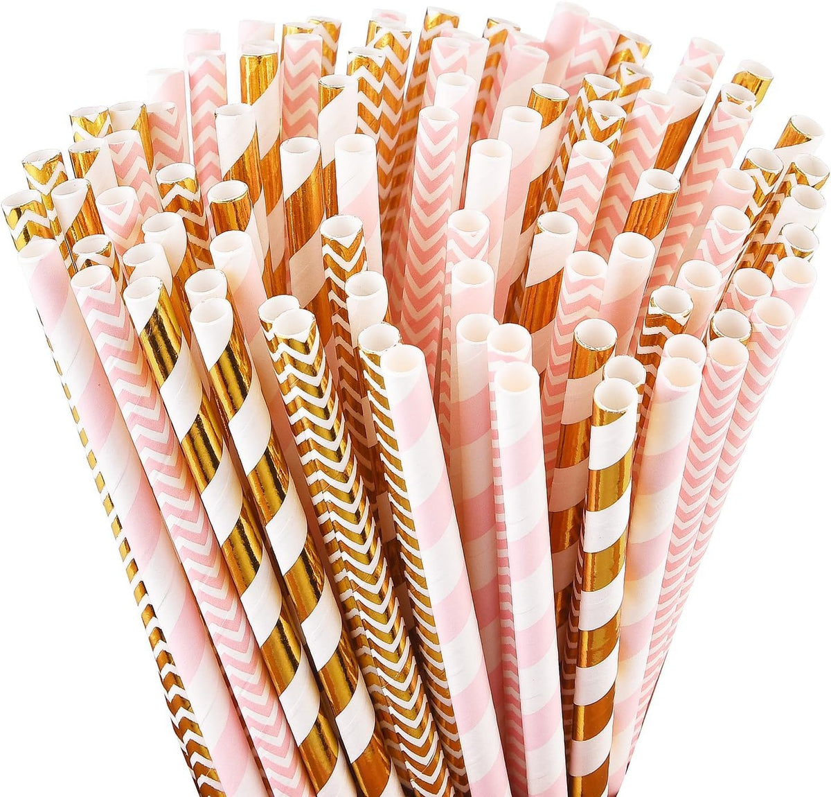 Alink Biodegradable Paper Straws, 100 Pink Straws/Gold Straws For Party Supplies, Birthday, Wedding, Bridal/Baby Shower, Christm