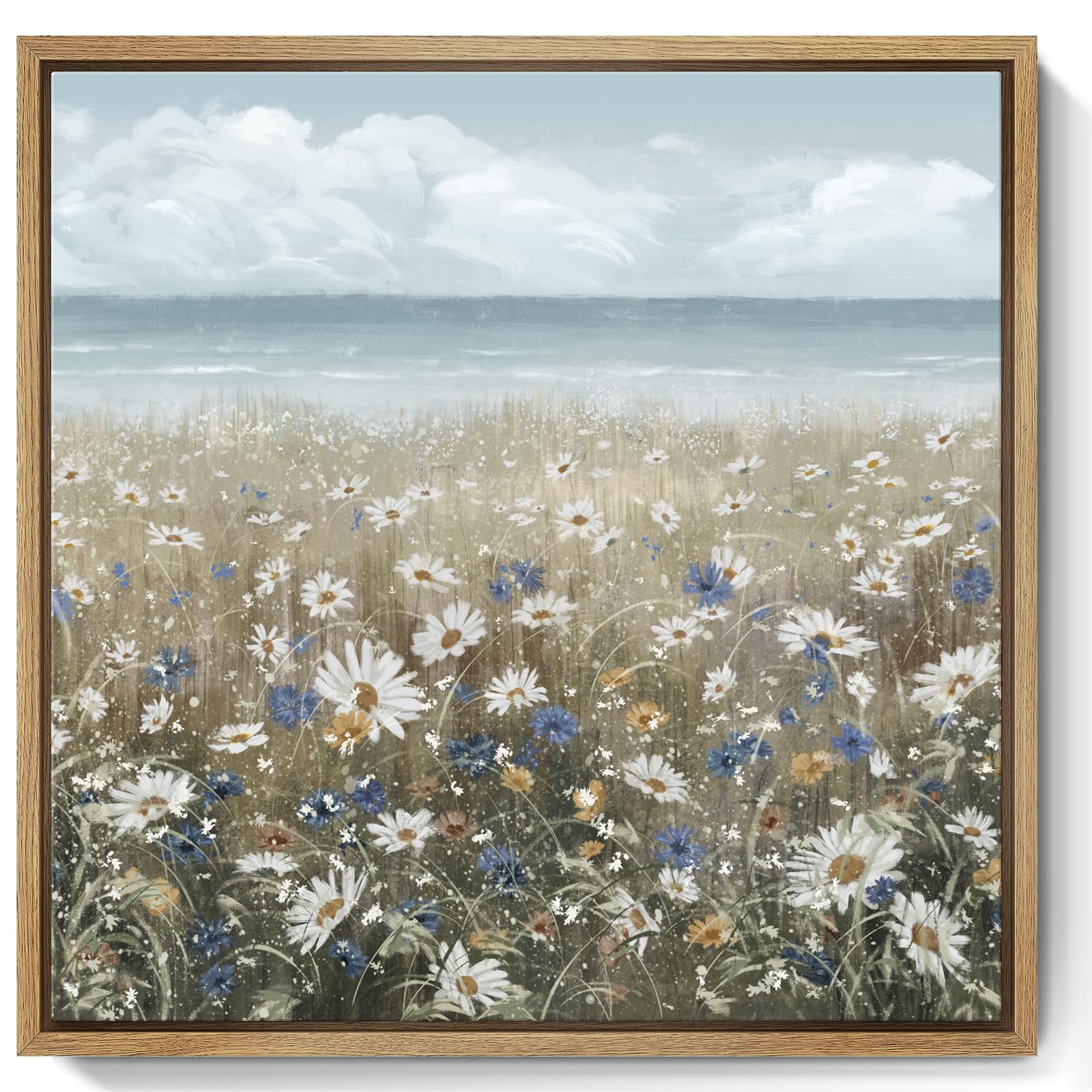 Framed Wall Art Bathroom D  Cor Boho Beach Coastal Vintage Floral Wall Picture Flower Daisy Flowers By Sea Canvas Print Nautical