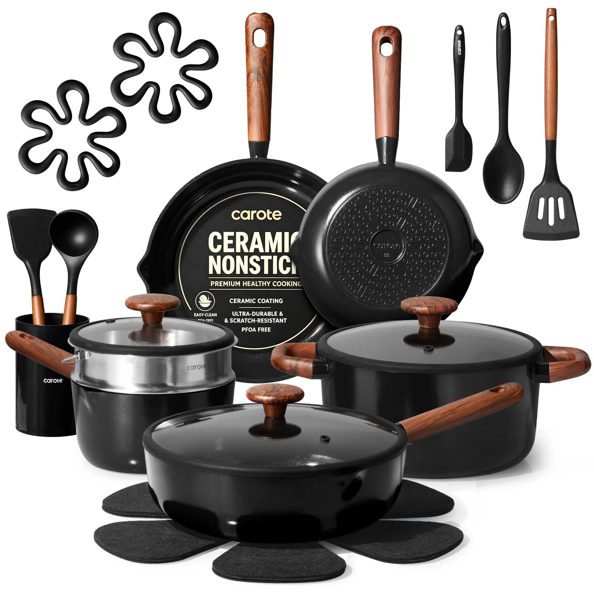 CAROTE 21pcs Ceramic Cookware Set, Pots and Pans Set