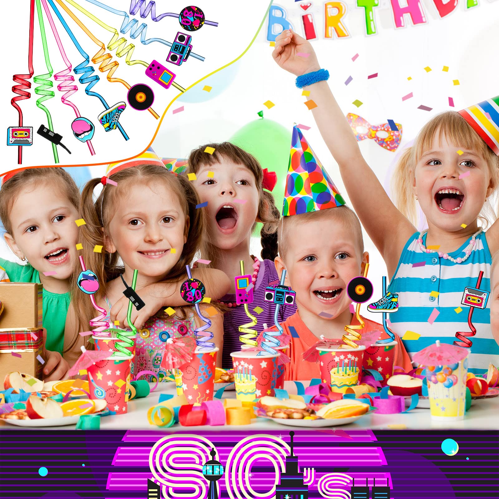 80S Party Decor Retro Straw Hip Hop Theme 80S Party Silly Drinking Straws I Love 80S Radio Boombox Mobile Phone Straw Decoration