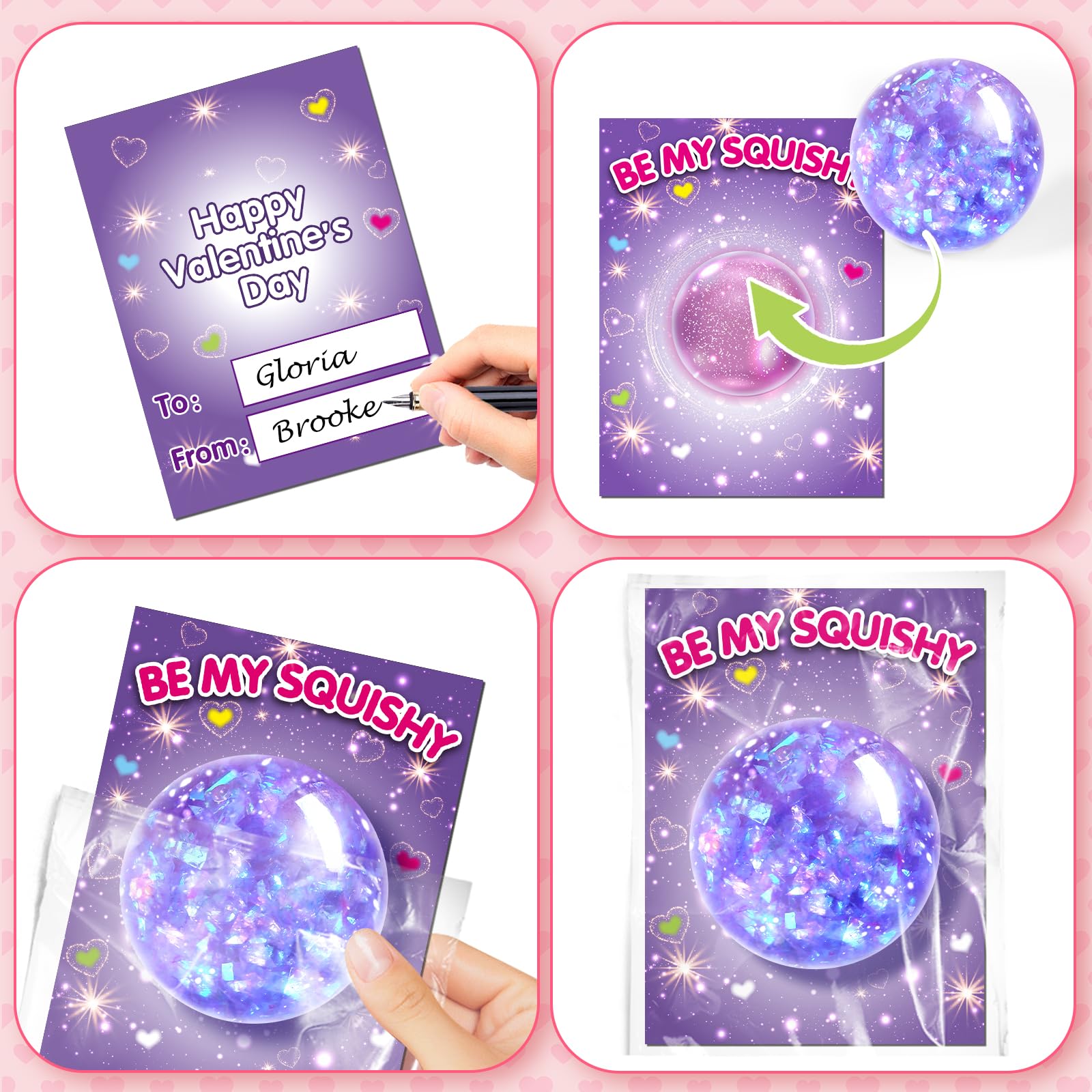 Springflower Valentines Day Cards For Kids, 24 Pack Valentines Party Favors For Kids With Stretchy Balls Toys, Classroom Valenti