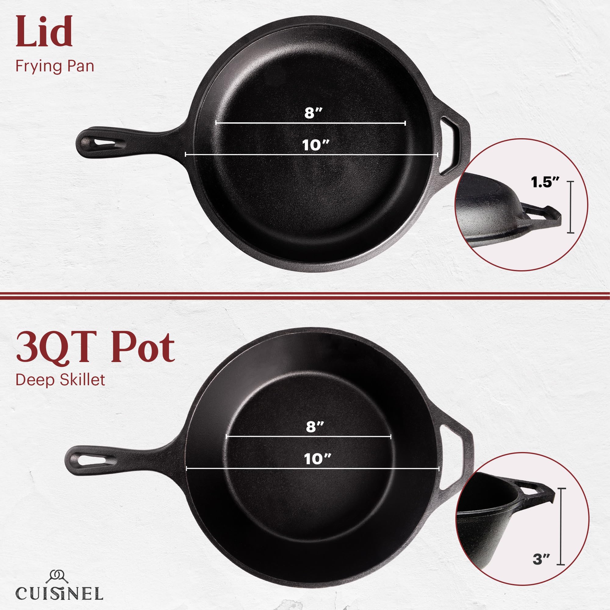 Cuisinel Cast Iron Skillet + Lid - 2-In-1 Multi Cooker - Deep Pot + Frying Pan - 3-Qt Dutch Oven - Pre-Seasoned Oven Cookware -