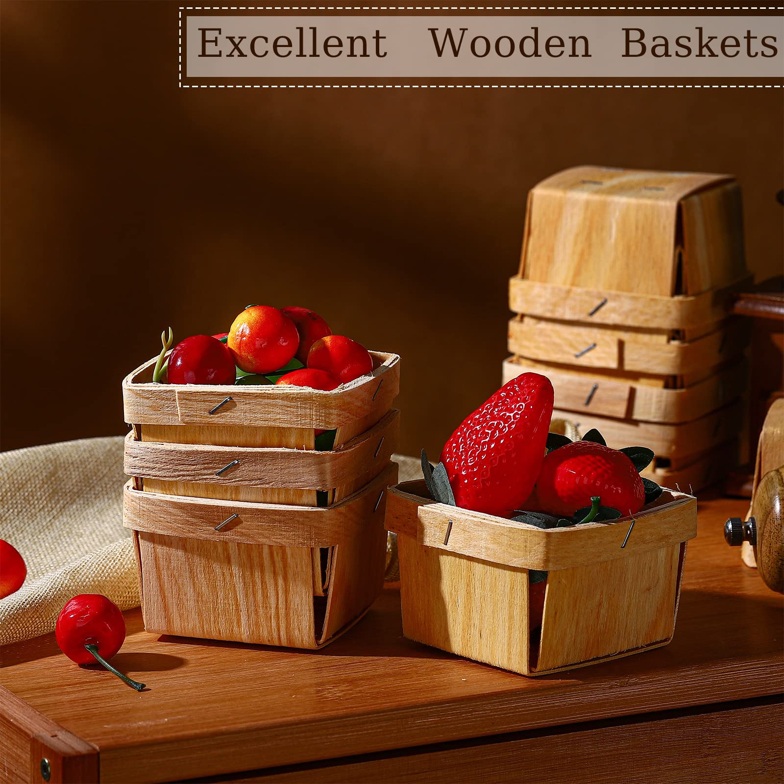 Hoolerry 25 Pieces 1/2 Pint Wooden Gift Baskets 3 x 3 x 2.2 Inch Square Vented Wood Boxes Mini Berry Basket Bulk for Fruit Picki