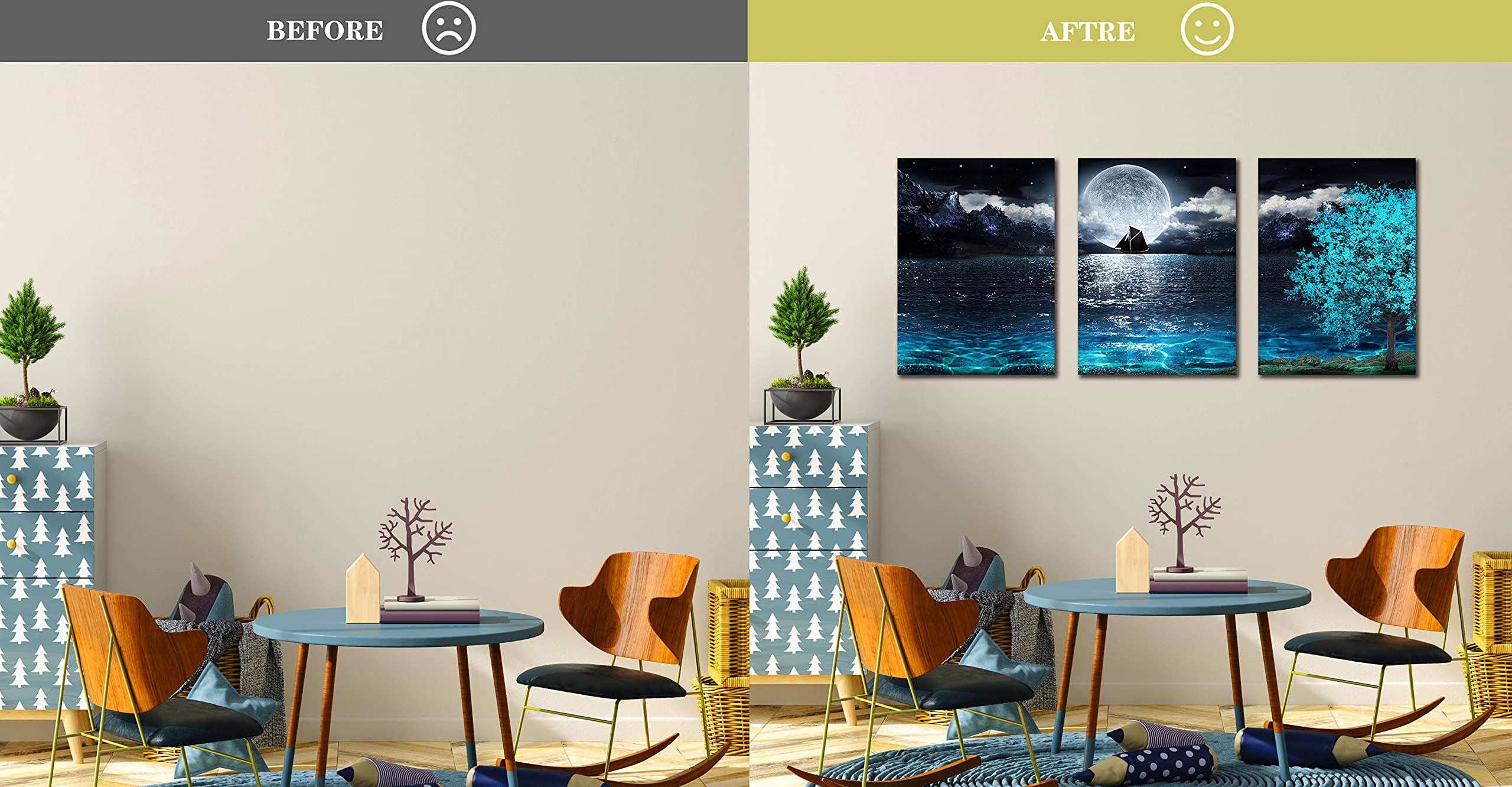 Moon Wall-Art For Bedroom - Teal Wall Art For Living Room - Ocean Tree Home Wall Decor 3 Pieces Framed Canvas Art 16X24 Inches