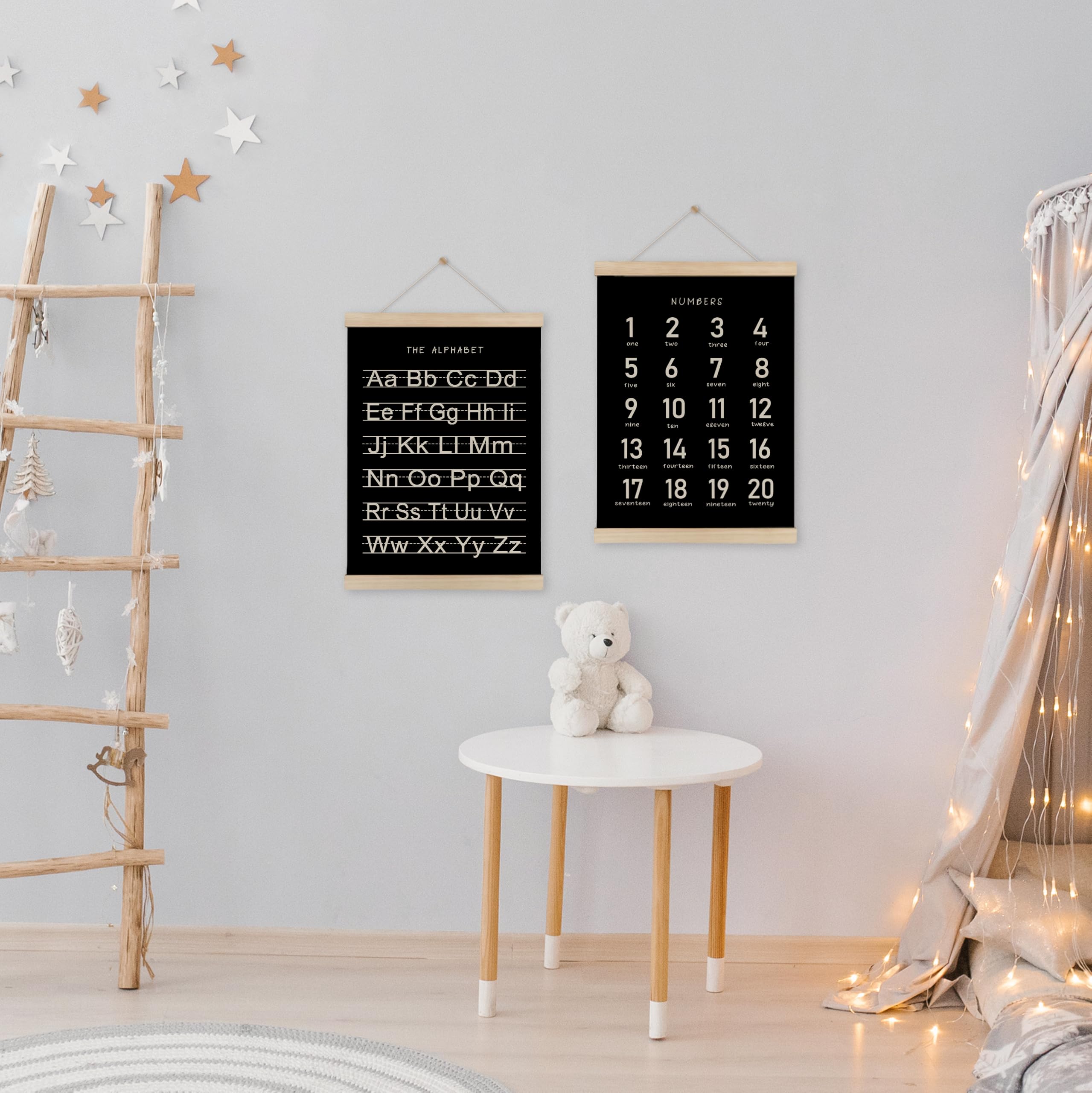 Hrqko Black Alphabet Numbers Poster Hanger Frame Set Of 2, Nursery Wall Decor, Abc Poster Wall Art With Wooden Frames, Alphabet