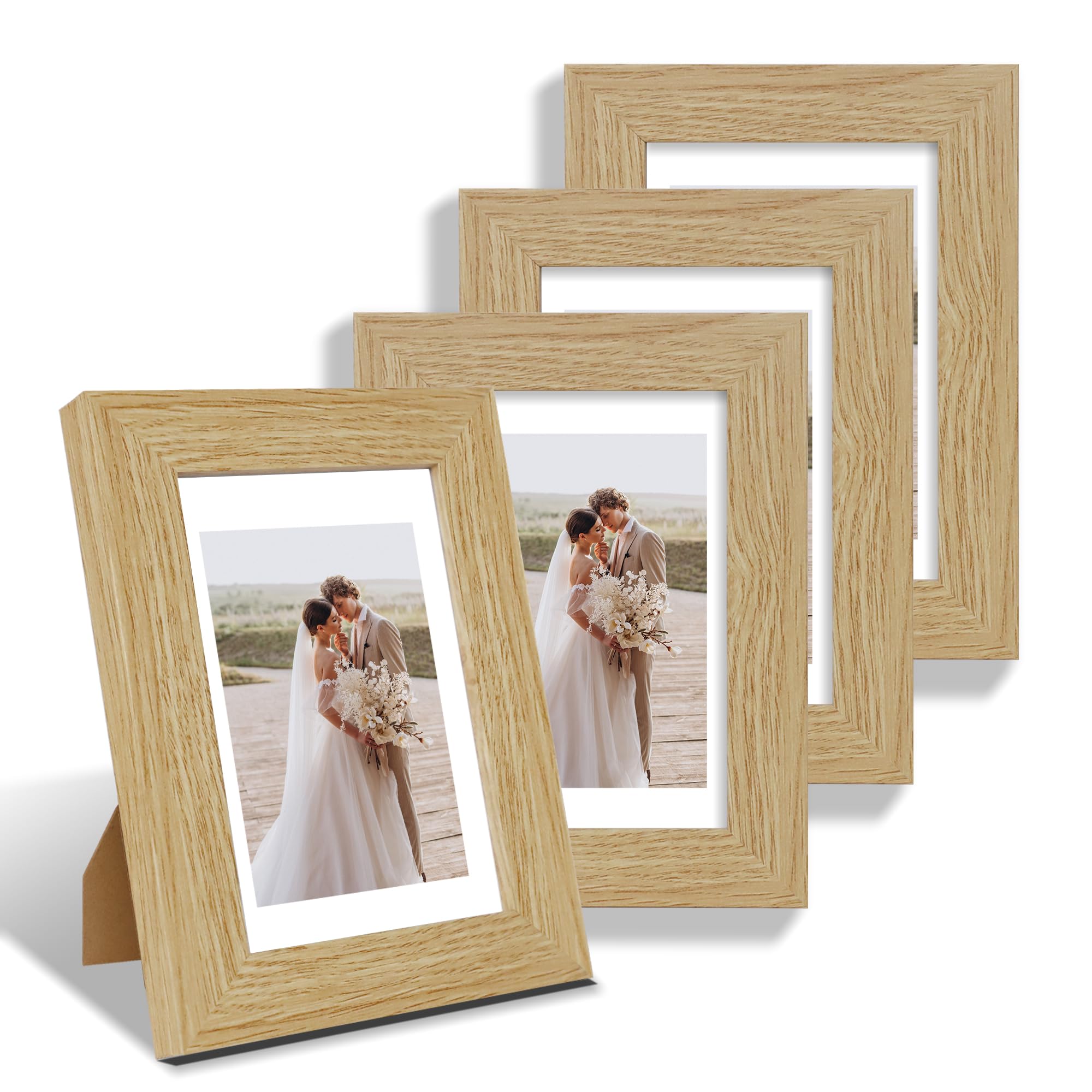 Hongkee 4x6 Picture Frame Set of 4, Made of Real Glass and Natural Oak Wooden Frame, 4 by 6 Photo for Wall or Tabletop - Display