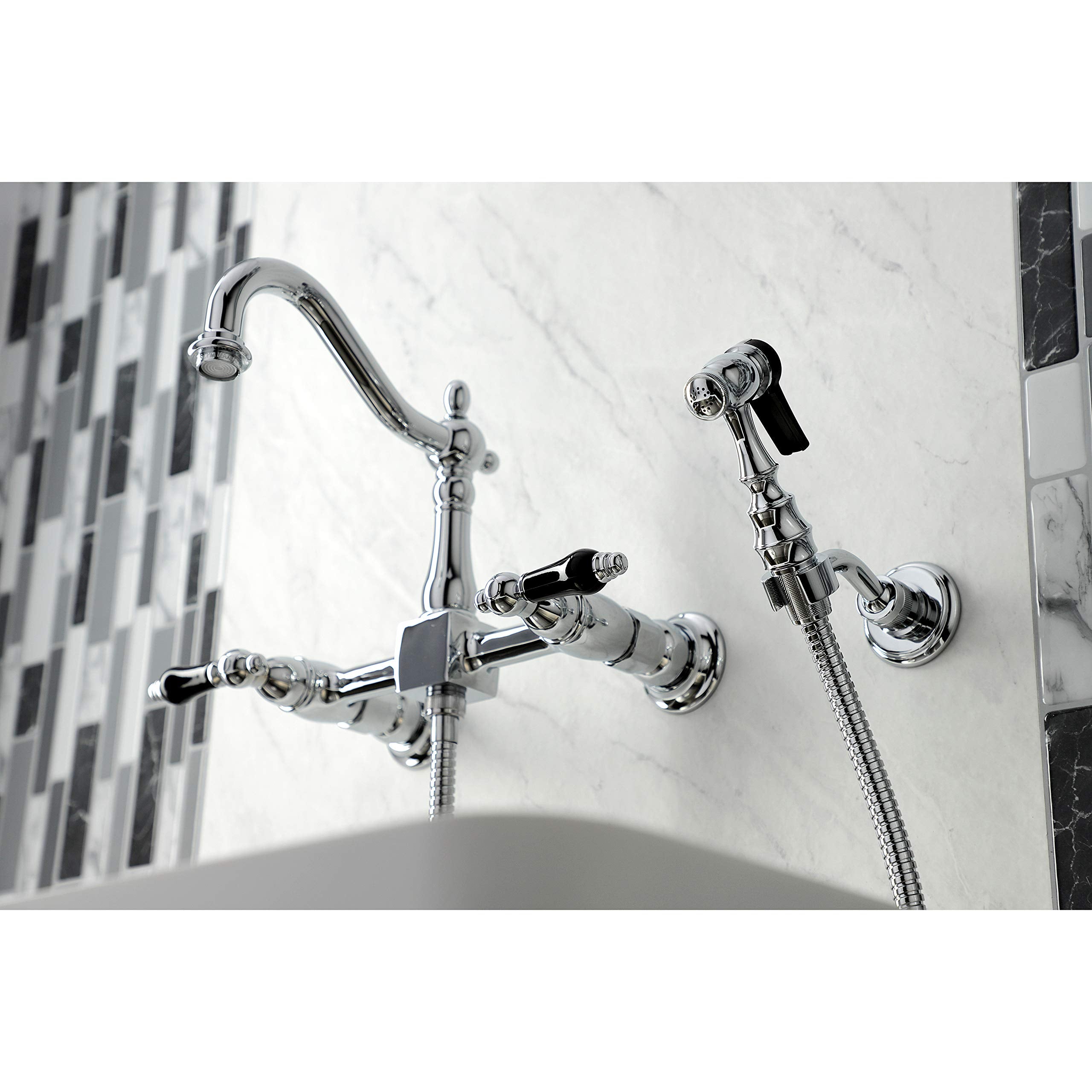 Kingston Brass KS1261PKLBS Duchess Wall Mount Bridge Kitchen Faucet with Brass Sprayer  Polished Chrome