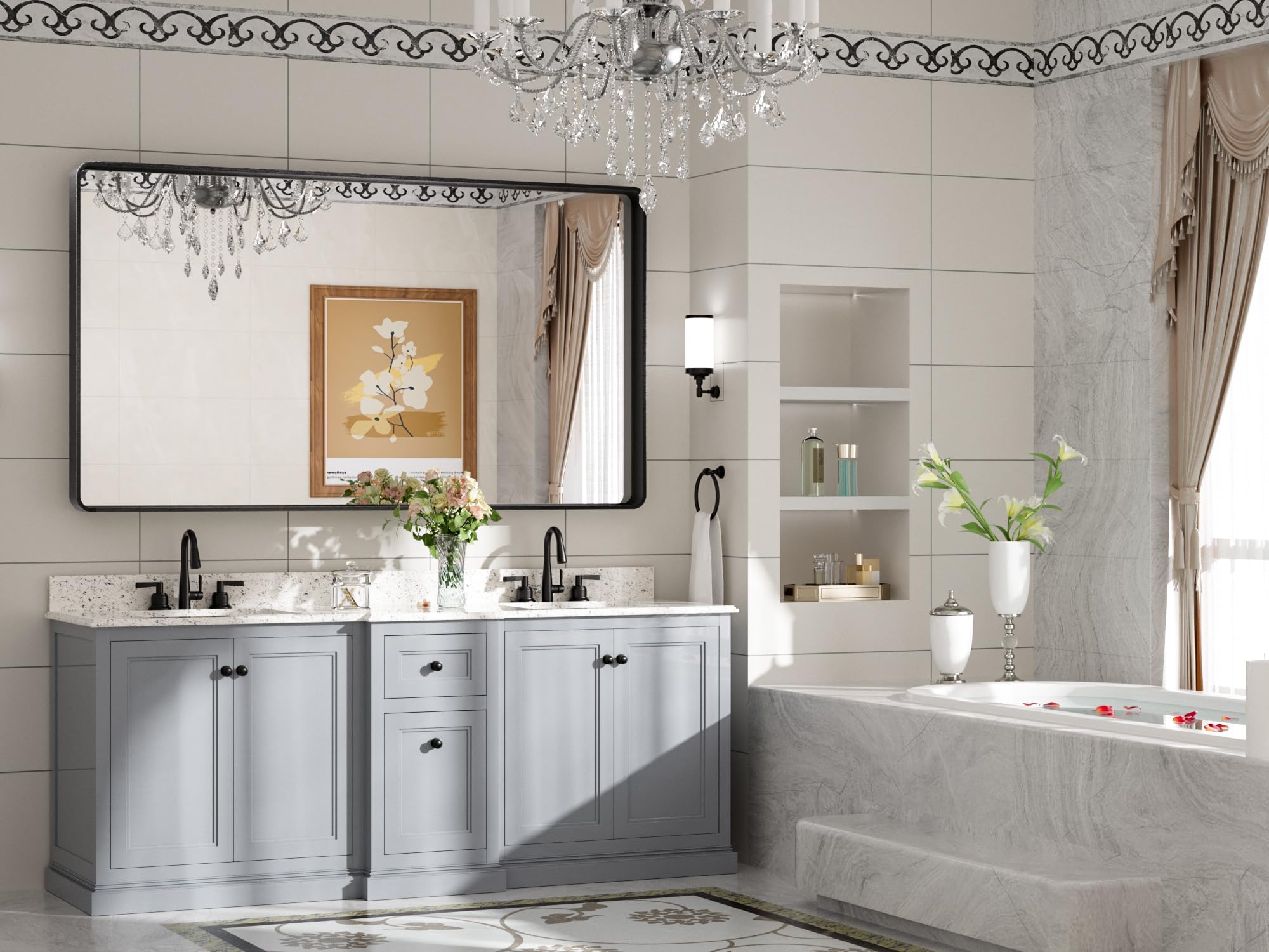 Tetote 55 X 30 Inch Bathroom Mirror, Matte Black Modern Metal Frame Rectangle Modern Farmhouse Wall Mounted Vanity Mirror (Horiz