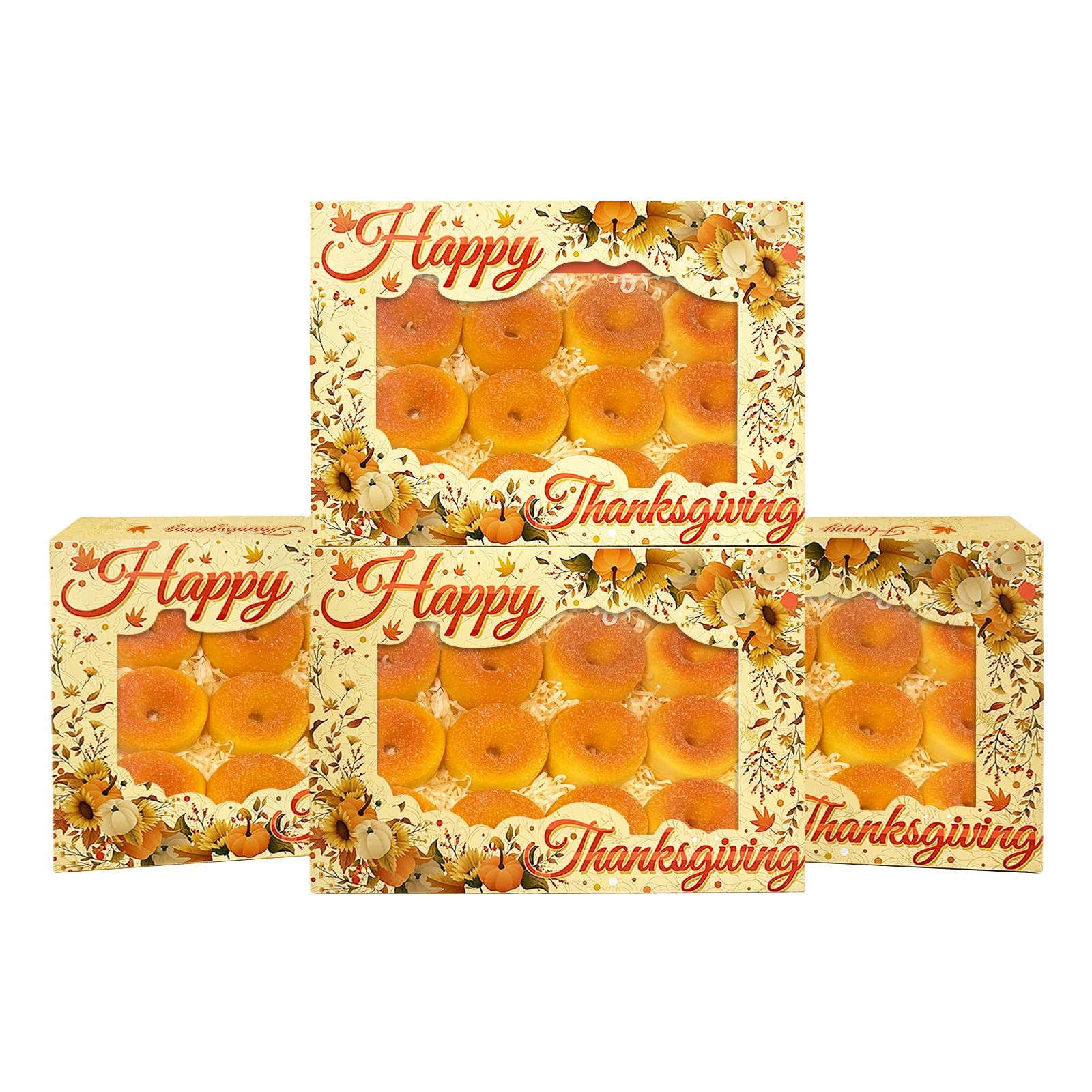 qiqee Thanksgiving 14x10x2.5 inch Auto-pop Up 24Pcs Cookie Box with Window Thanksgiving Pumkin Flower Pastry Macaron Bakery Box 