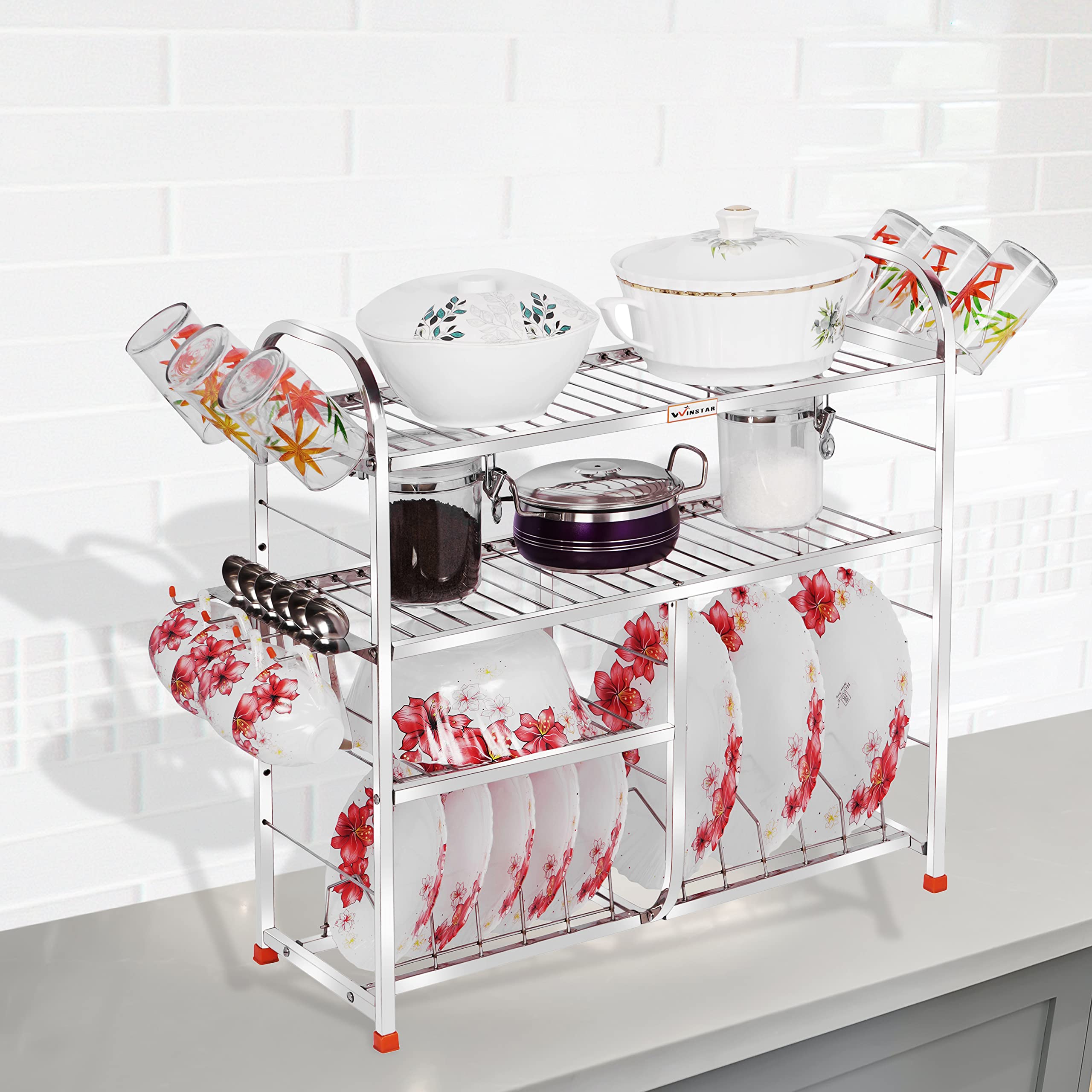 Winstar Stainless Steel 4 Layer Wall Mount Kitchen Dish Rack | Utensils Rack With Plate & Cutlery Stand | Modular Kitchen Storag