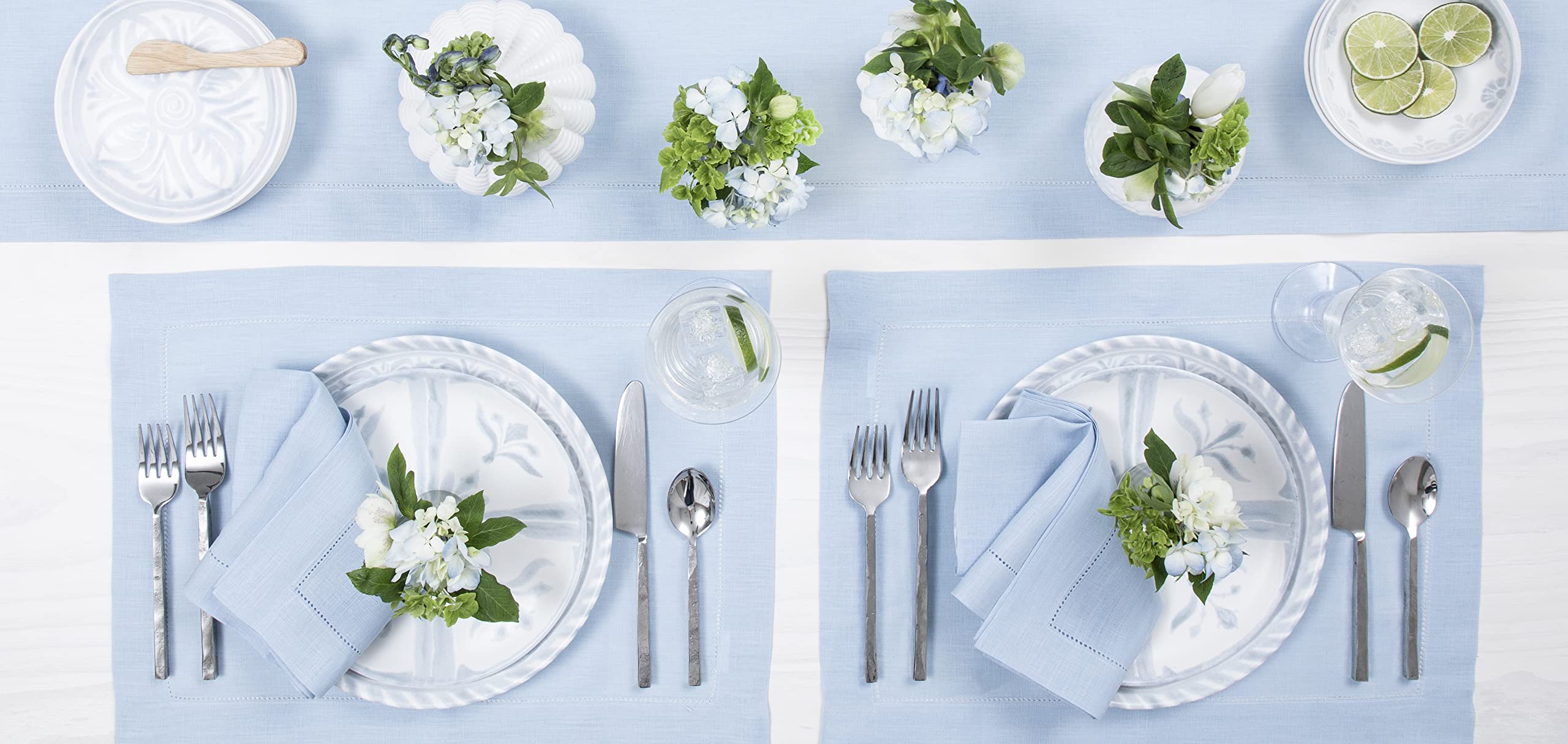 Solino Home Linen Sky Blue Table Runner 132 Inches Long - 100% Pure Linen Classic Hemstitch Dining Table Runner 14 X 132 Inch Id