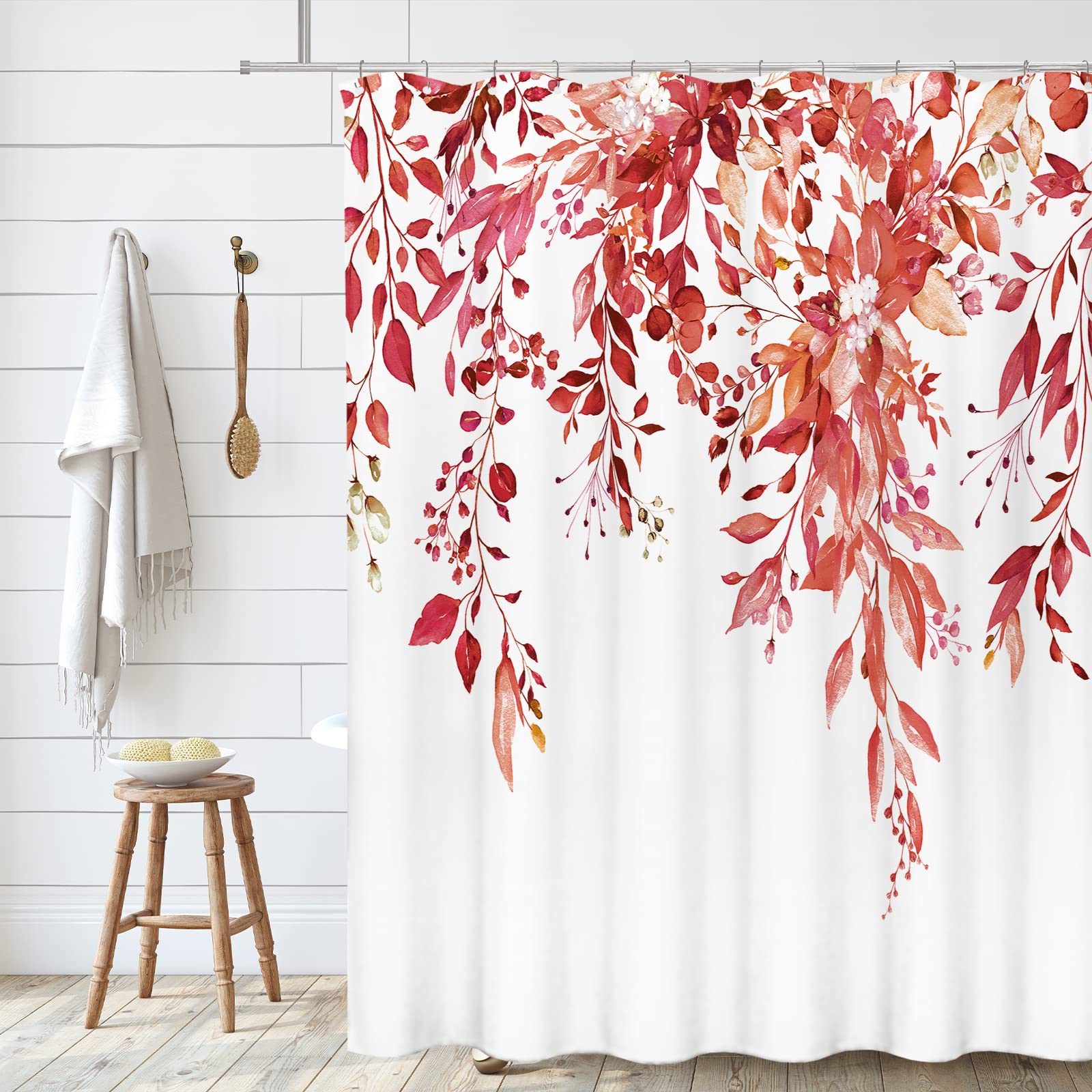 Tititex Red Eucalyptus Shower Curtain Sets, Watercolor Light Burgundy Leaves On The Top Plant With Floral Bathroom Decoration 72