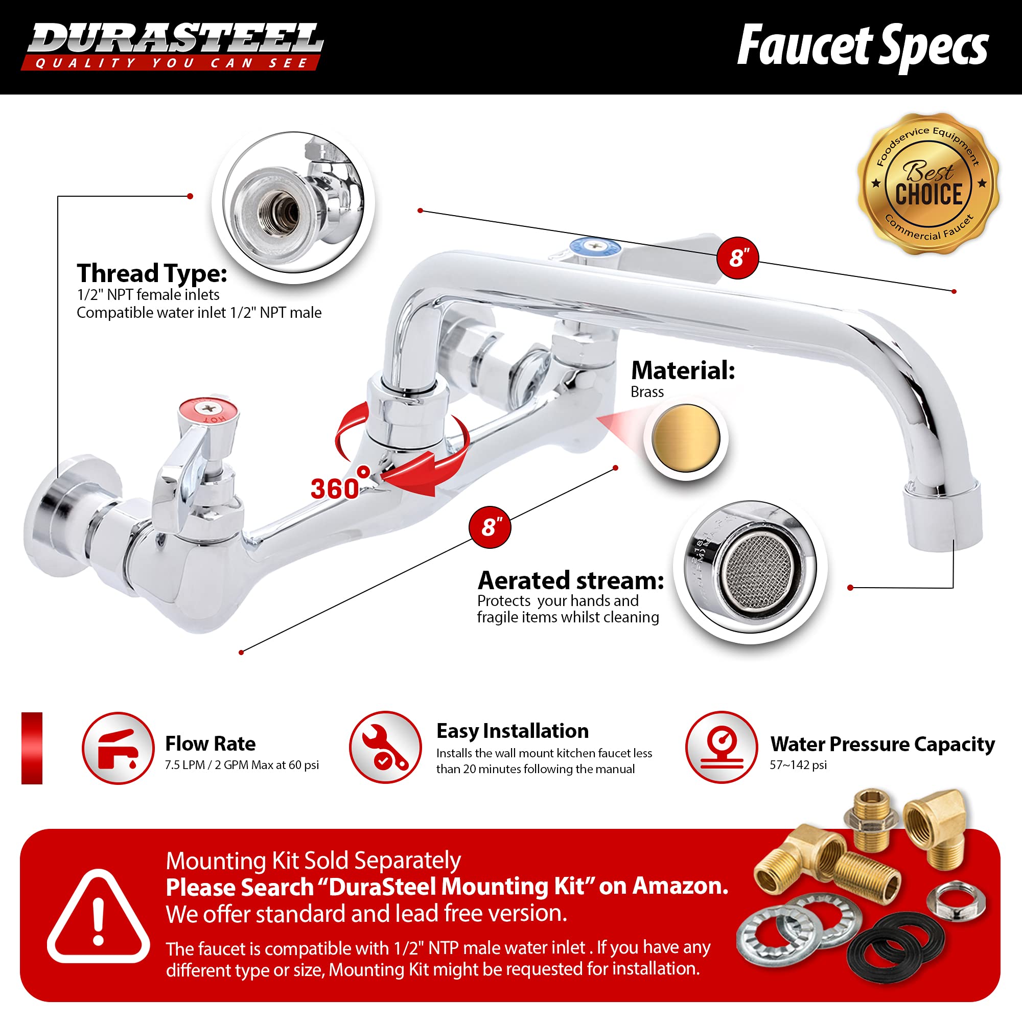 Kitchen Sink Faucet Wall Mount - Durasteel 8'' Center Commercial Kitchen Sink Faucet With 8'' Swivel Spout - Dual Lever Handles