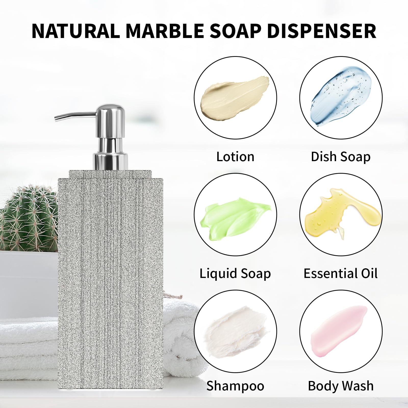 Marble Soap Dispenser For Bathroom, Natural Marble Hand Liquid&Lotion Soap Dispenser Pump Bottle For Kitchen Bathroom Countertop