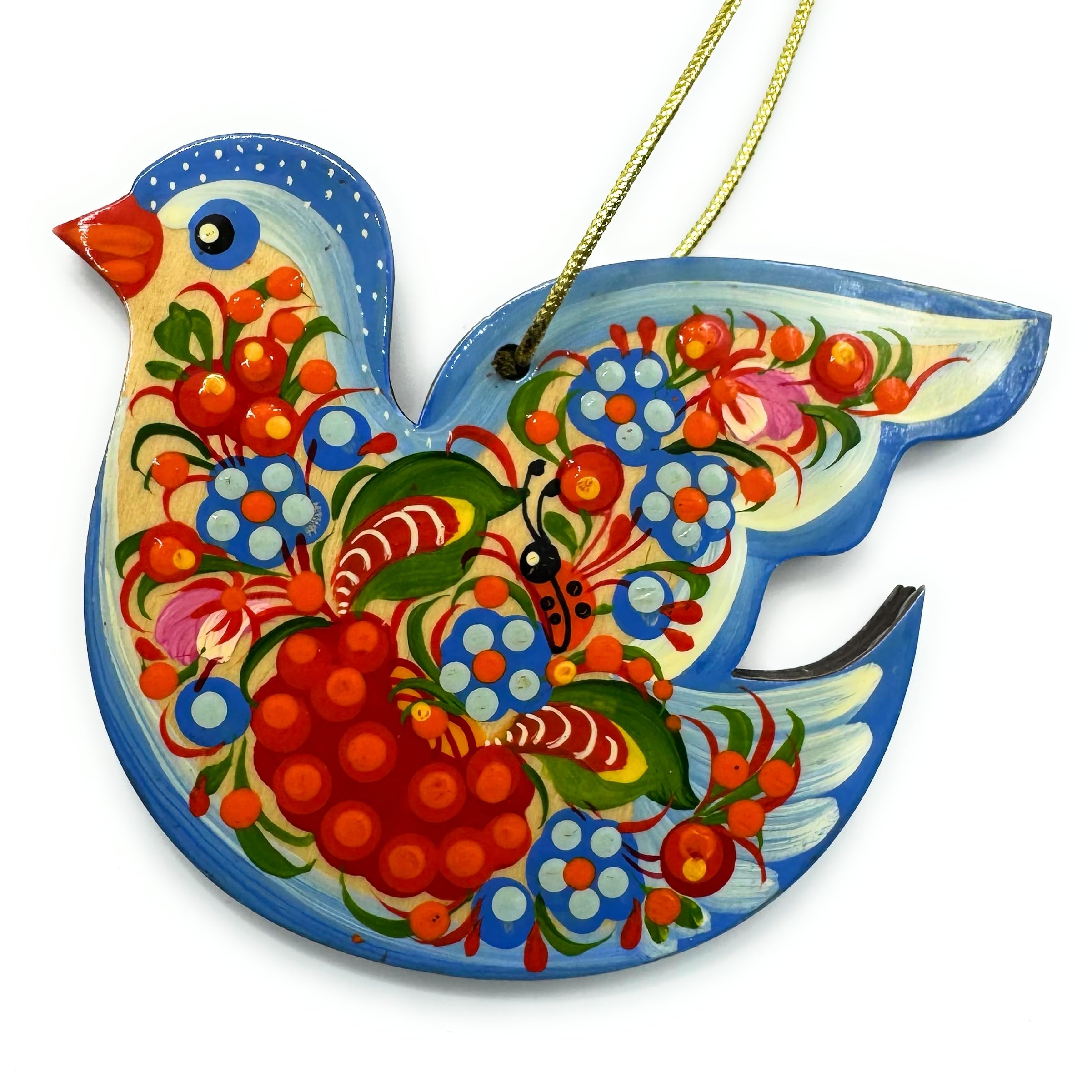 Christmas Ornament Pigeon Bird made of Wood 2,8 x 3,5 x 0,2 inch, Hand-painted on Both Sides in Ukraine in the Petrykivka Tradit